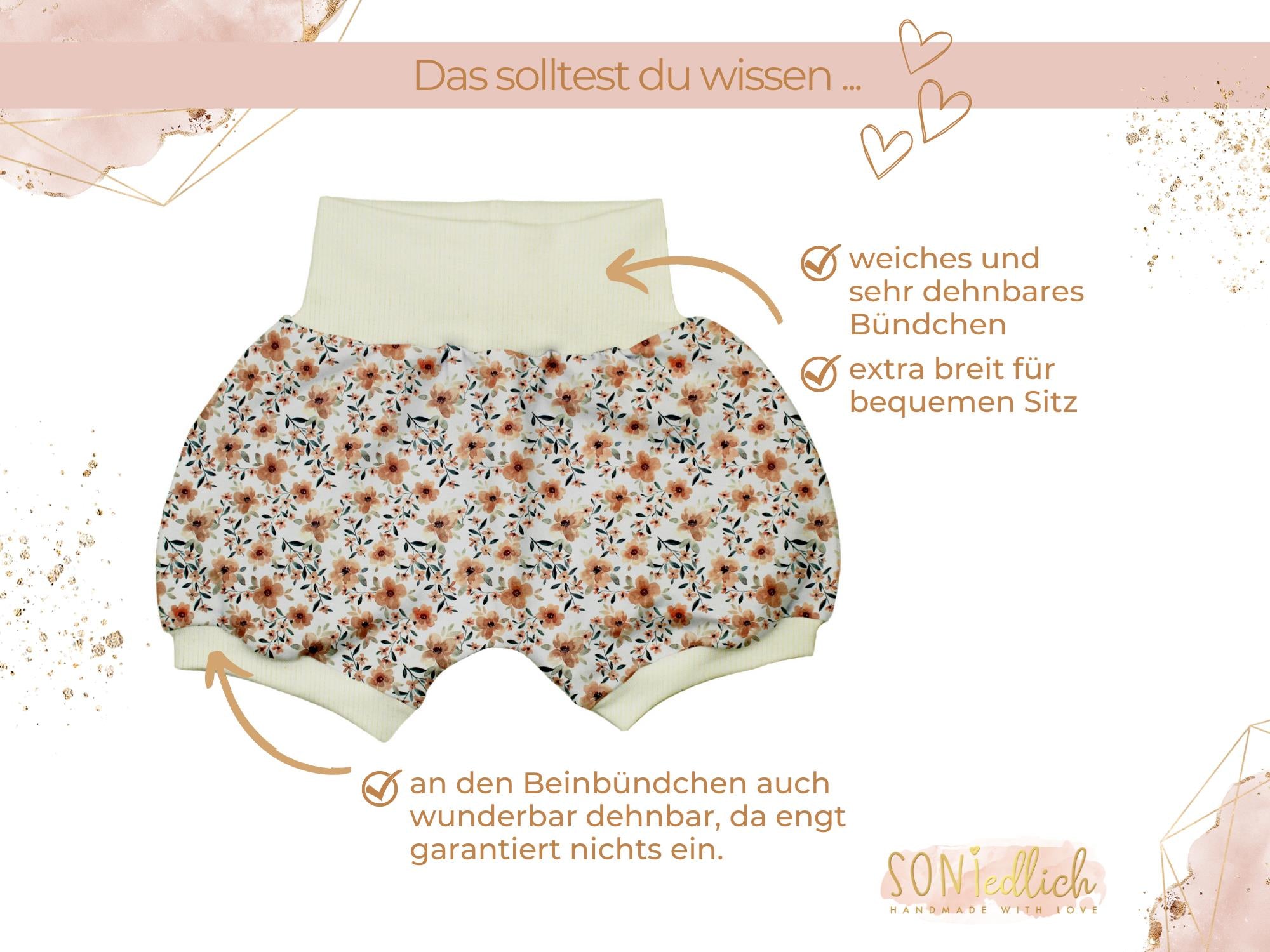 Kurze Pumphose für Babys und Kinder "Quittenblüte" Details