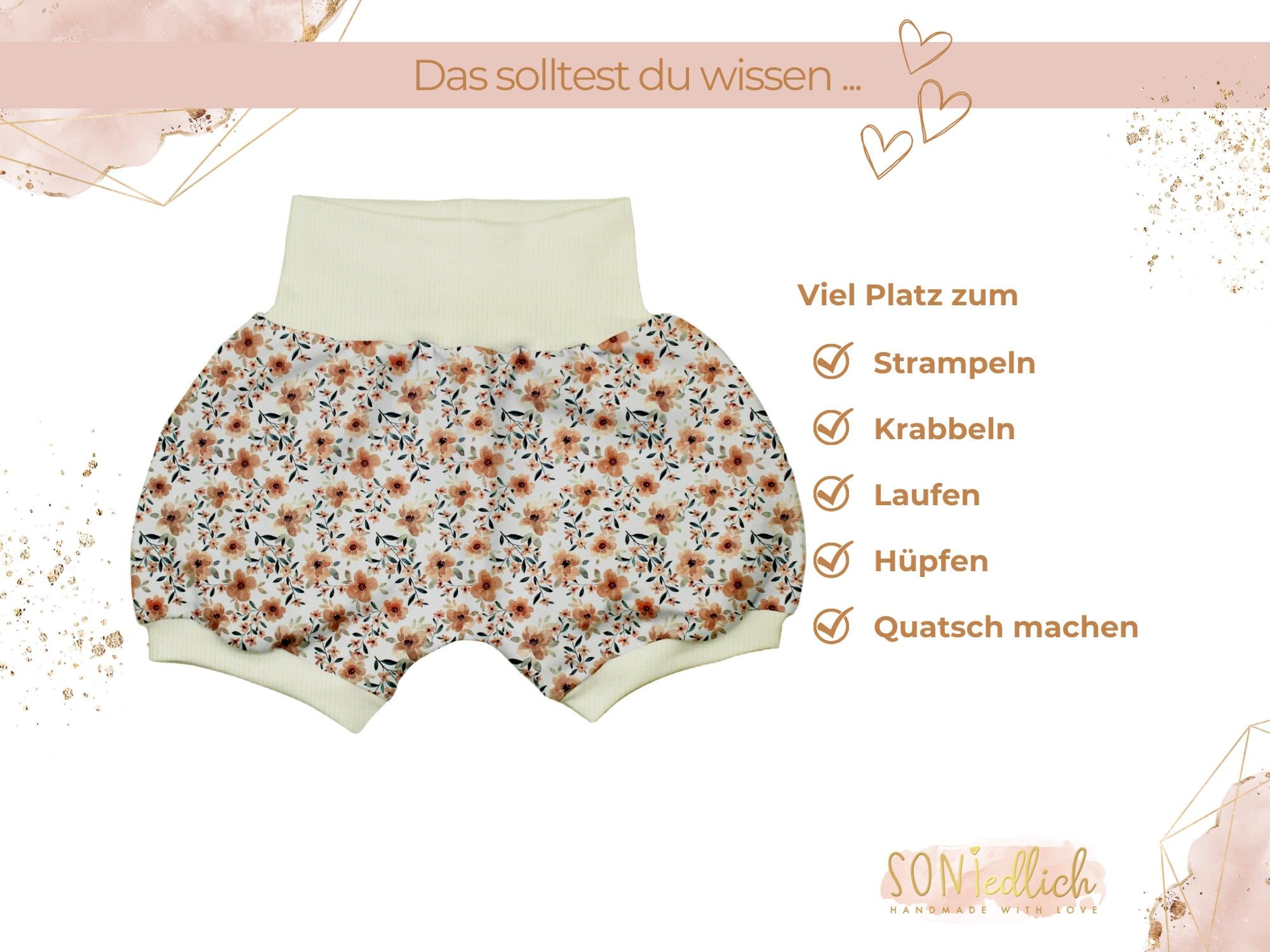 Kurze Pumphose für Babys und Kinder "Quittenblüte" Beschreibung 1