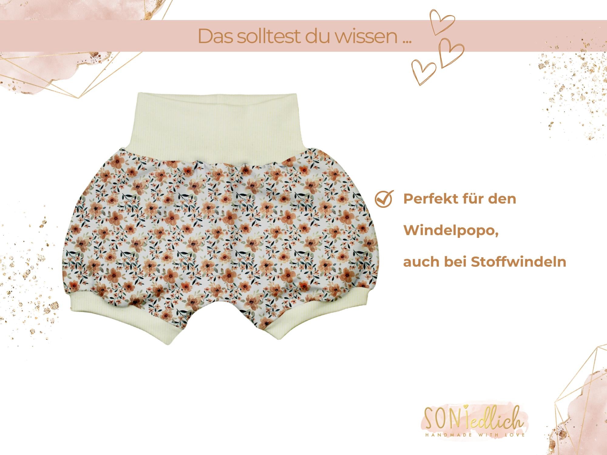 Kurze Pumphose für Babys und Kinder "Quittenblüte" Beschreibung 2