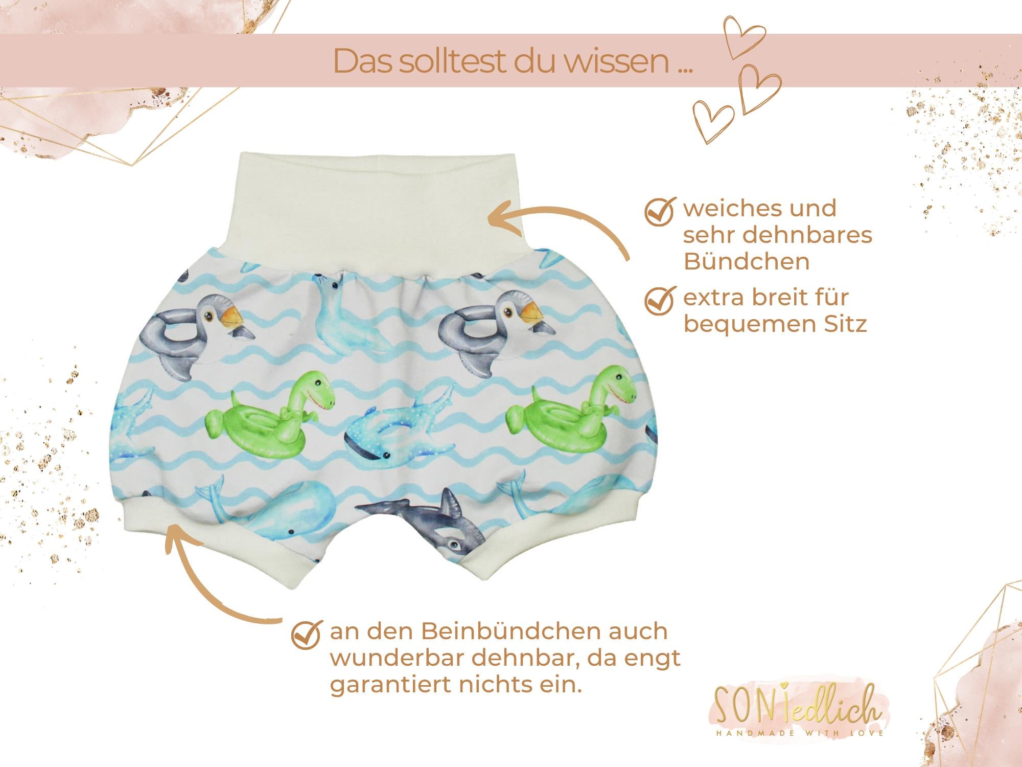 Kurze Pumphose für Babys und Kinder "Schwimmreifentiere" Details
