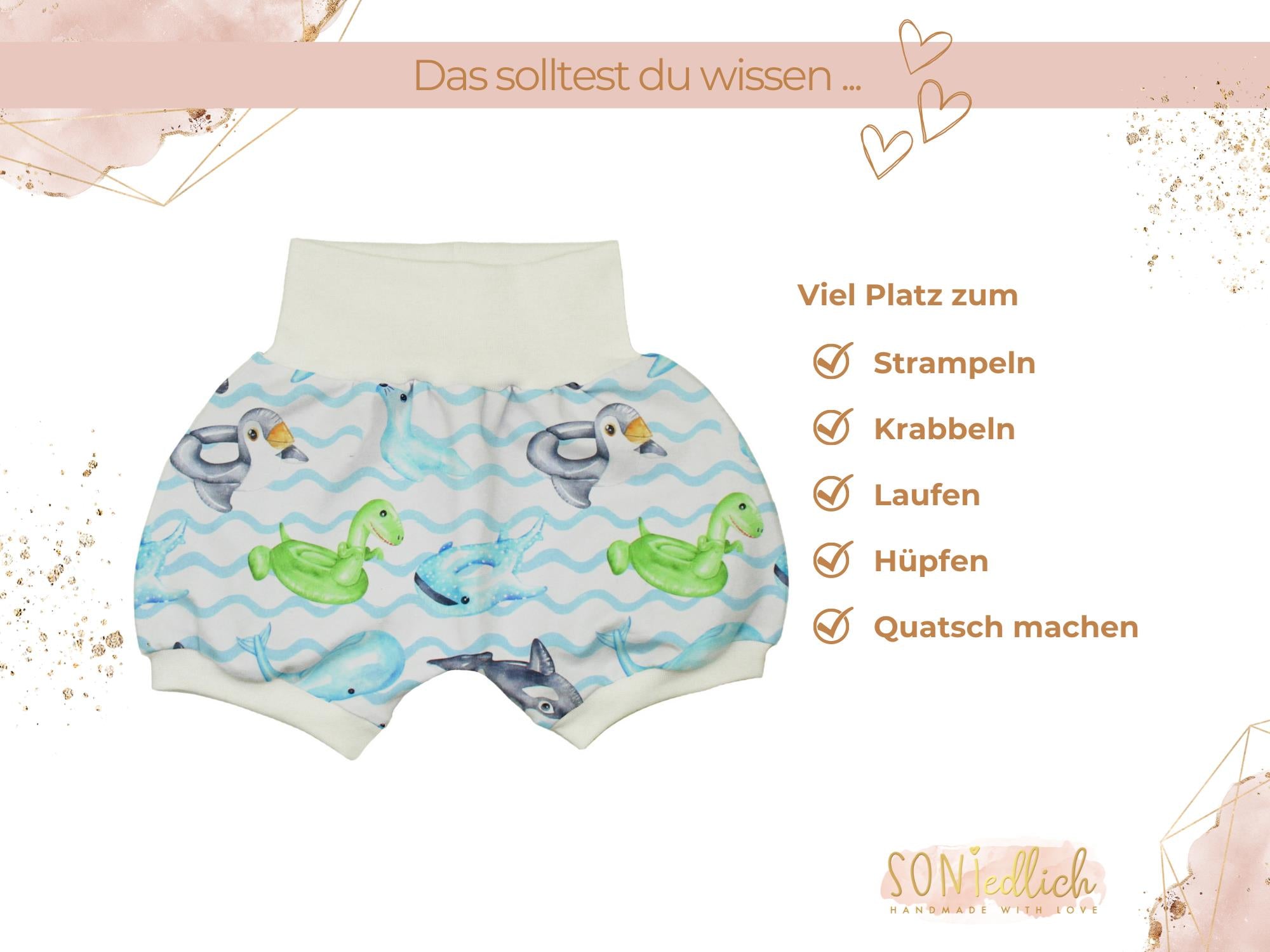 Kurze Pumphose für Babys und Kinder "Schwimmreifentiere" Beschreibung 1