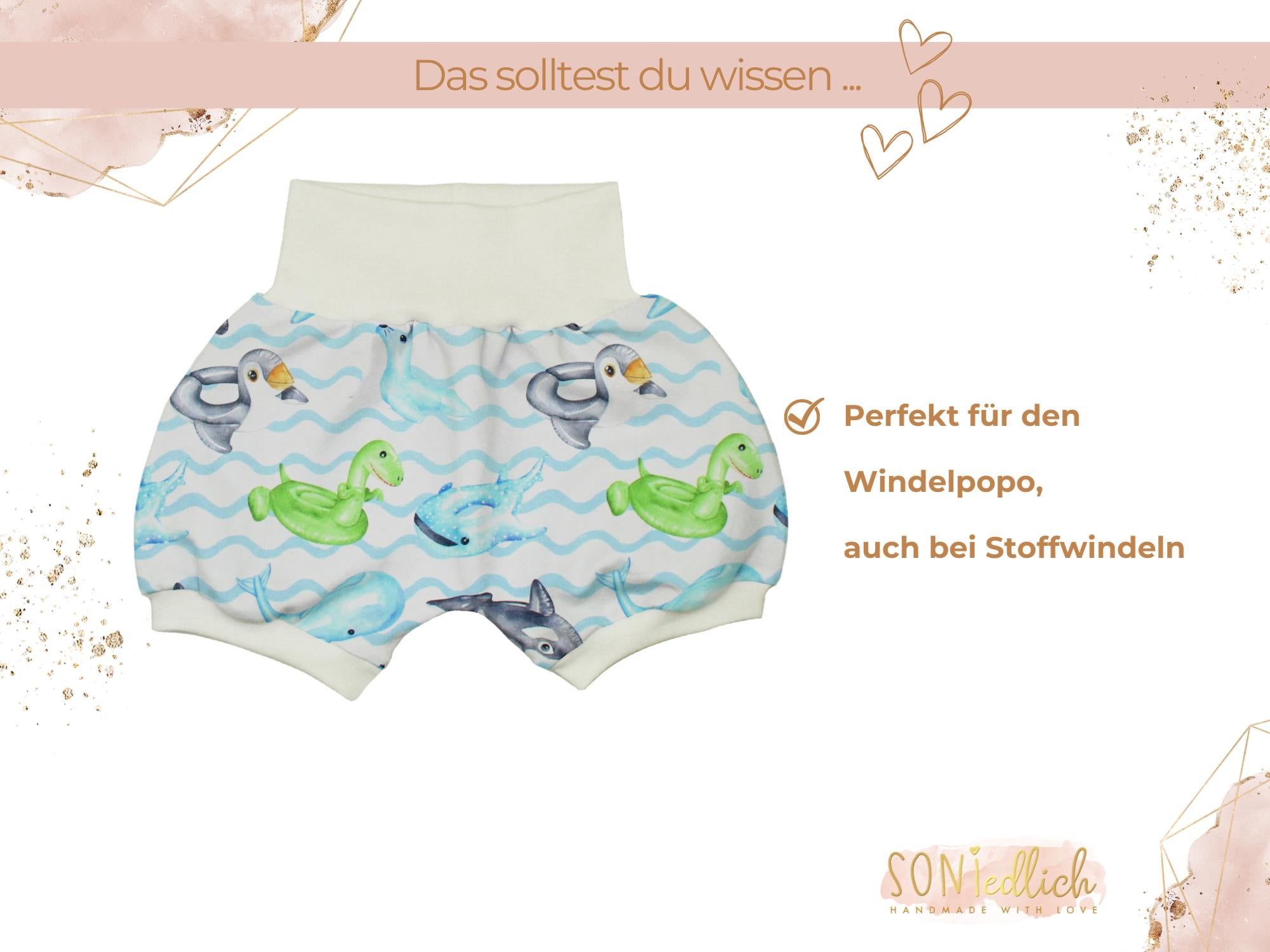 Kurze Pumphose für Babys und Kinder "Schwimmreifentiere" Beschreibung 2