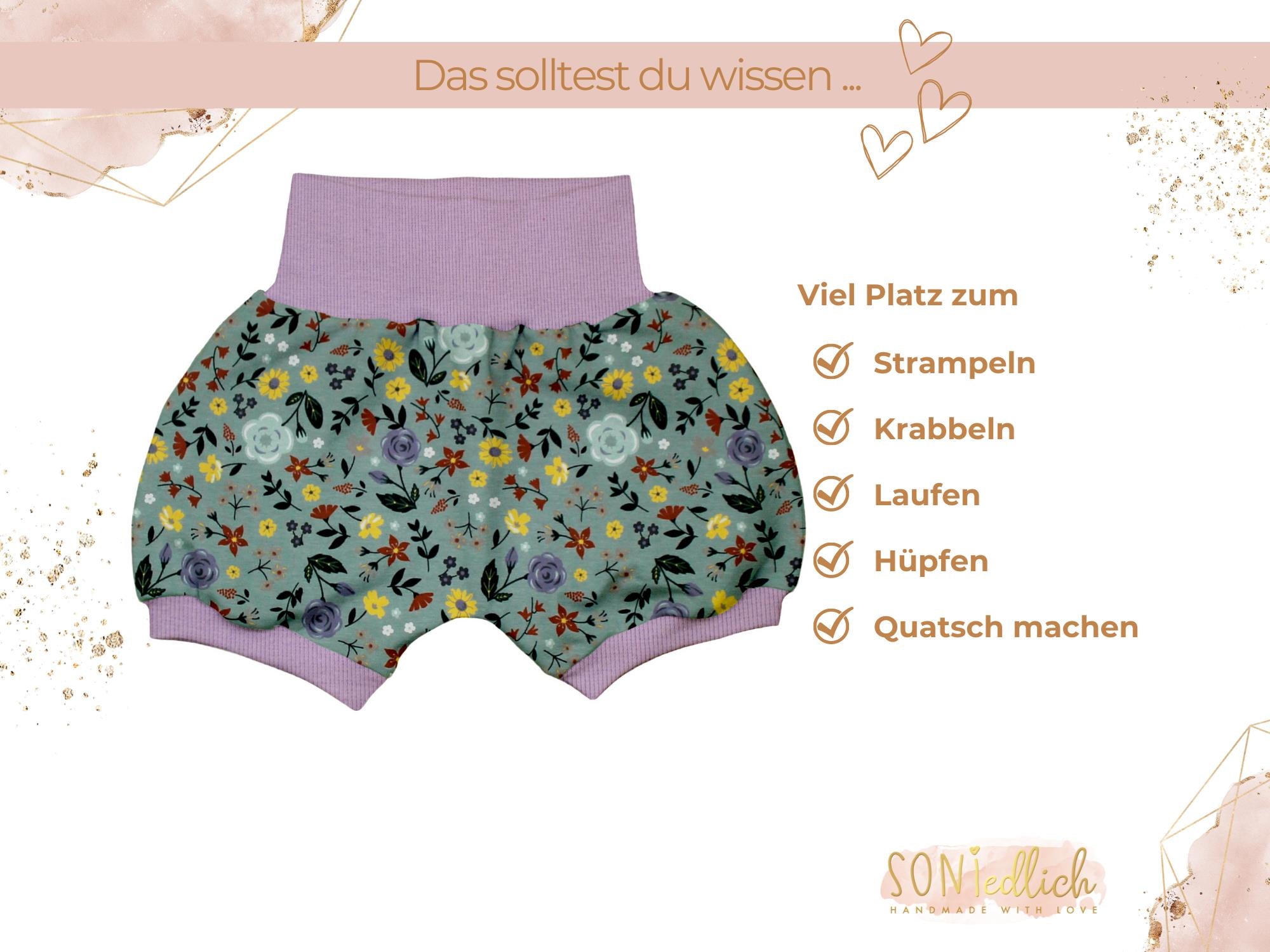 Kurze Pumphose für Babys und Kinder "Sommerwiese" Beschreibung 1