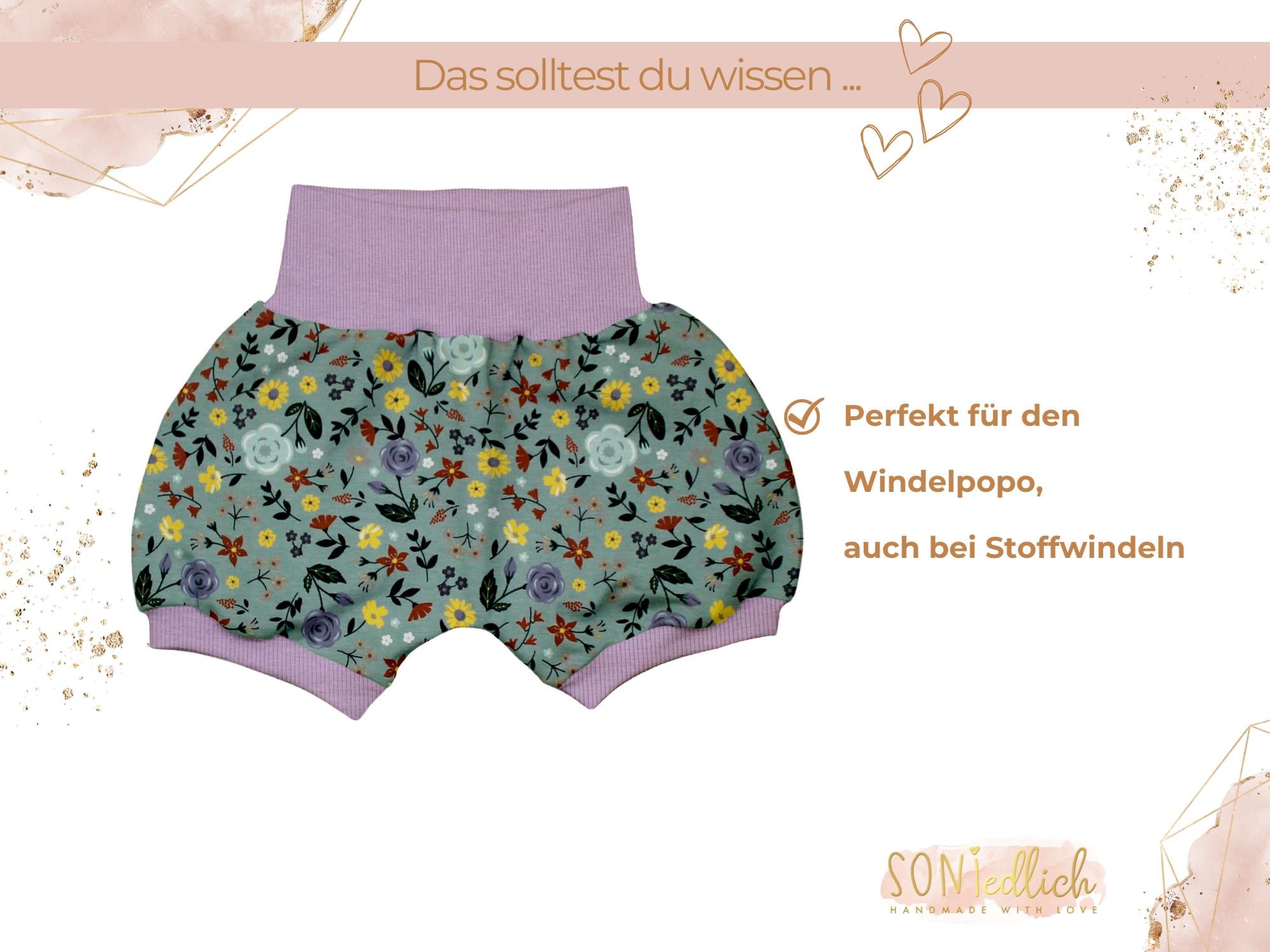 Kurze Pumphose für Babys und Kinder "Sommerwiese" Beschreibung 2