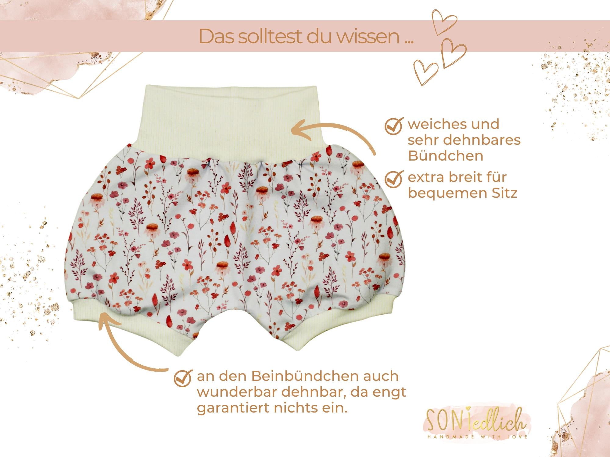 Kurze Pumphose für Babys und Kinder "sunset flowers" Details