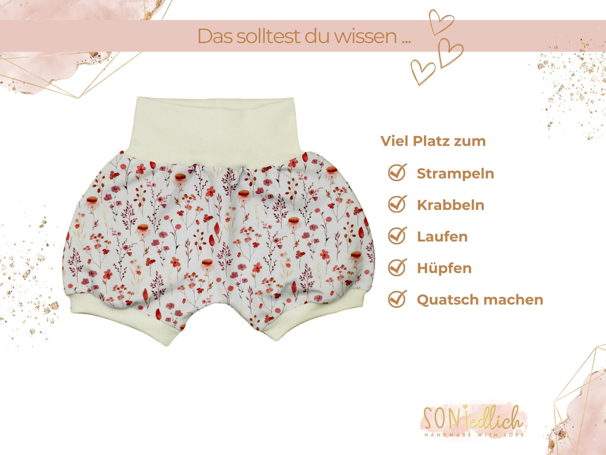 Kurze Pumphose für Babys und Kinder "sunset flowers" Beschreibung 1