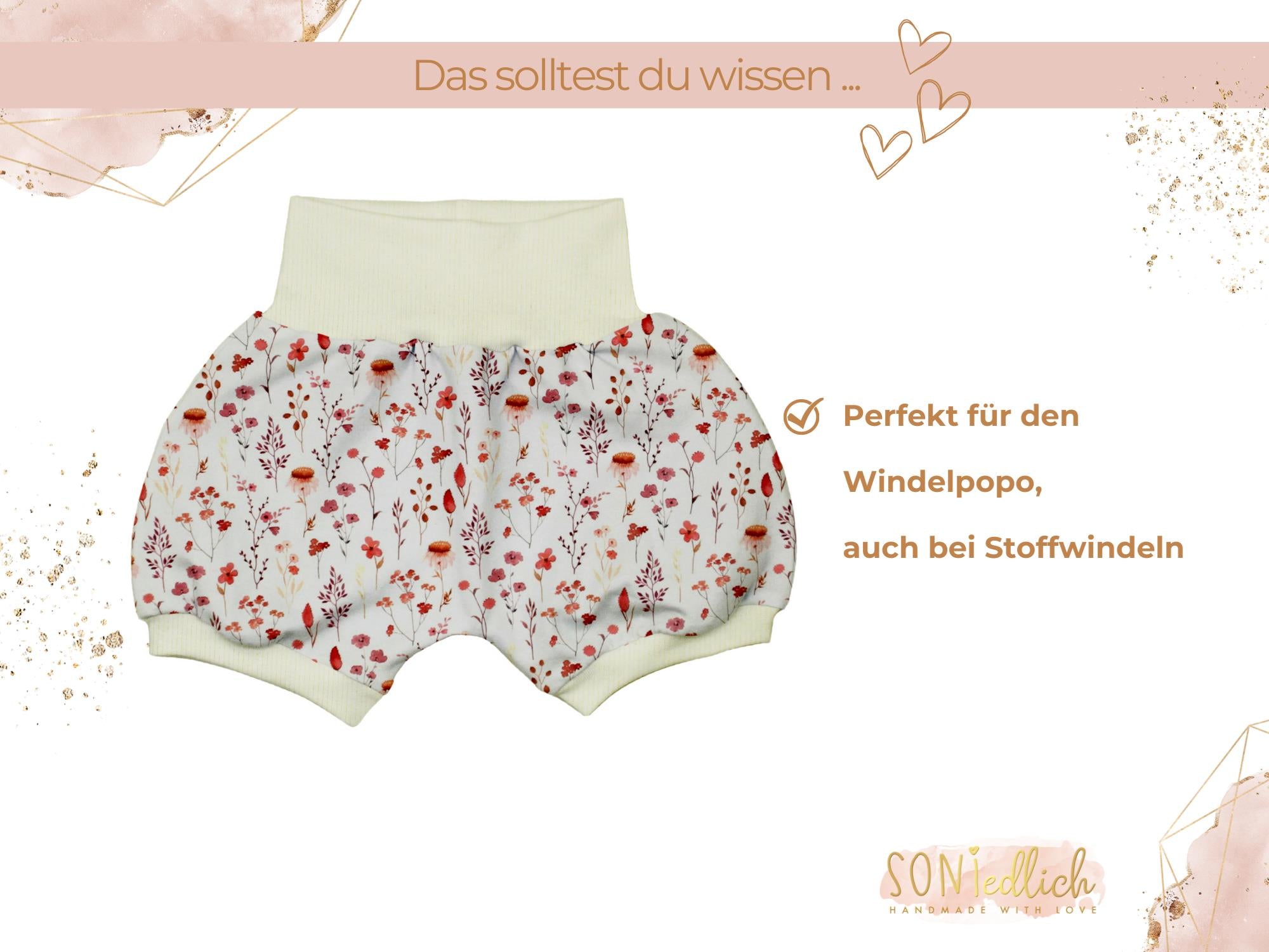 Kurze Pumphose für Babys und Kinder "sunset flowers" Beschreibung 2