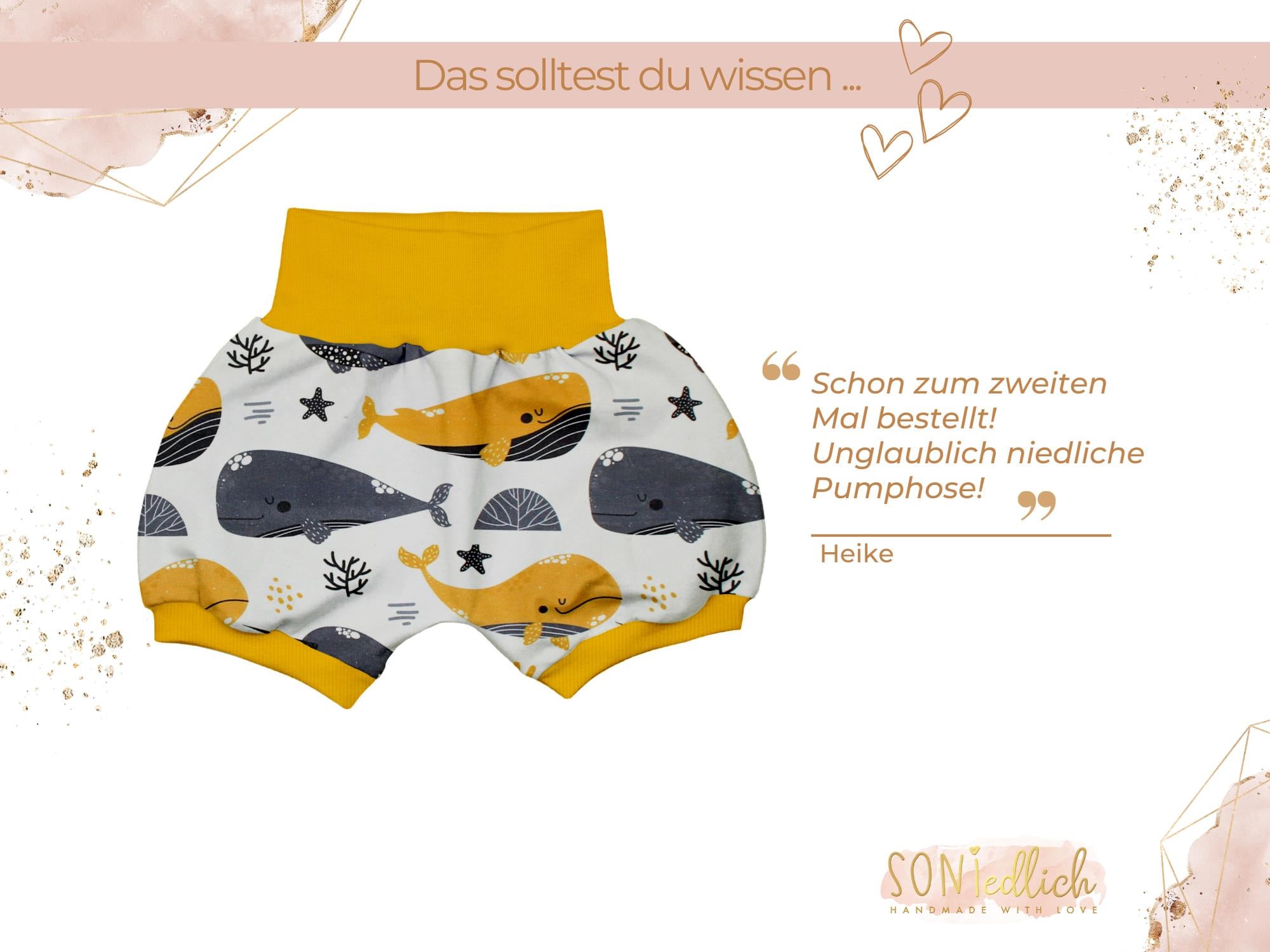 Kurze Pumphose für Babys und Kinder "Wale senf" Bewertung