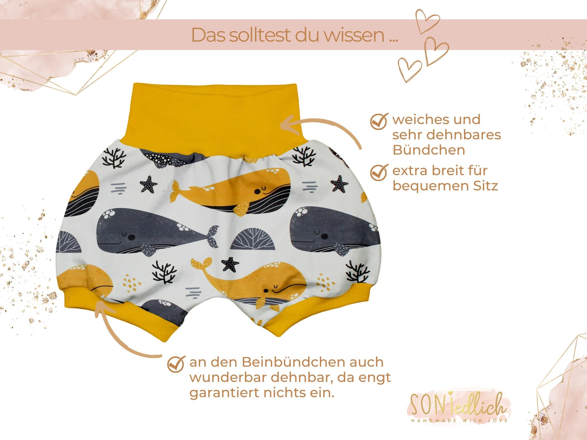 Kurze Pumphose für Babys und Kinder "Wale senf" Details