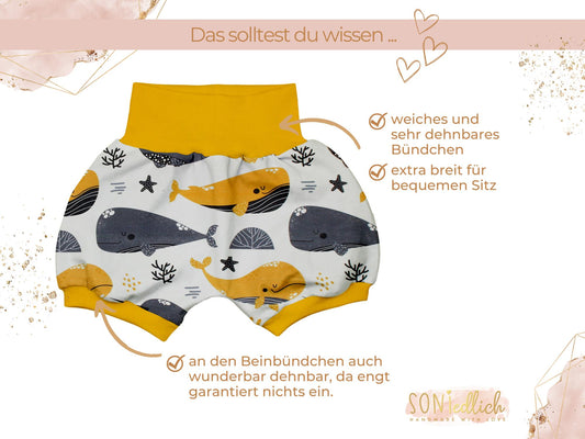 Kurze Pumphose für Babys und Kinder "Wale senf" Details