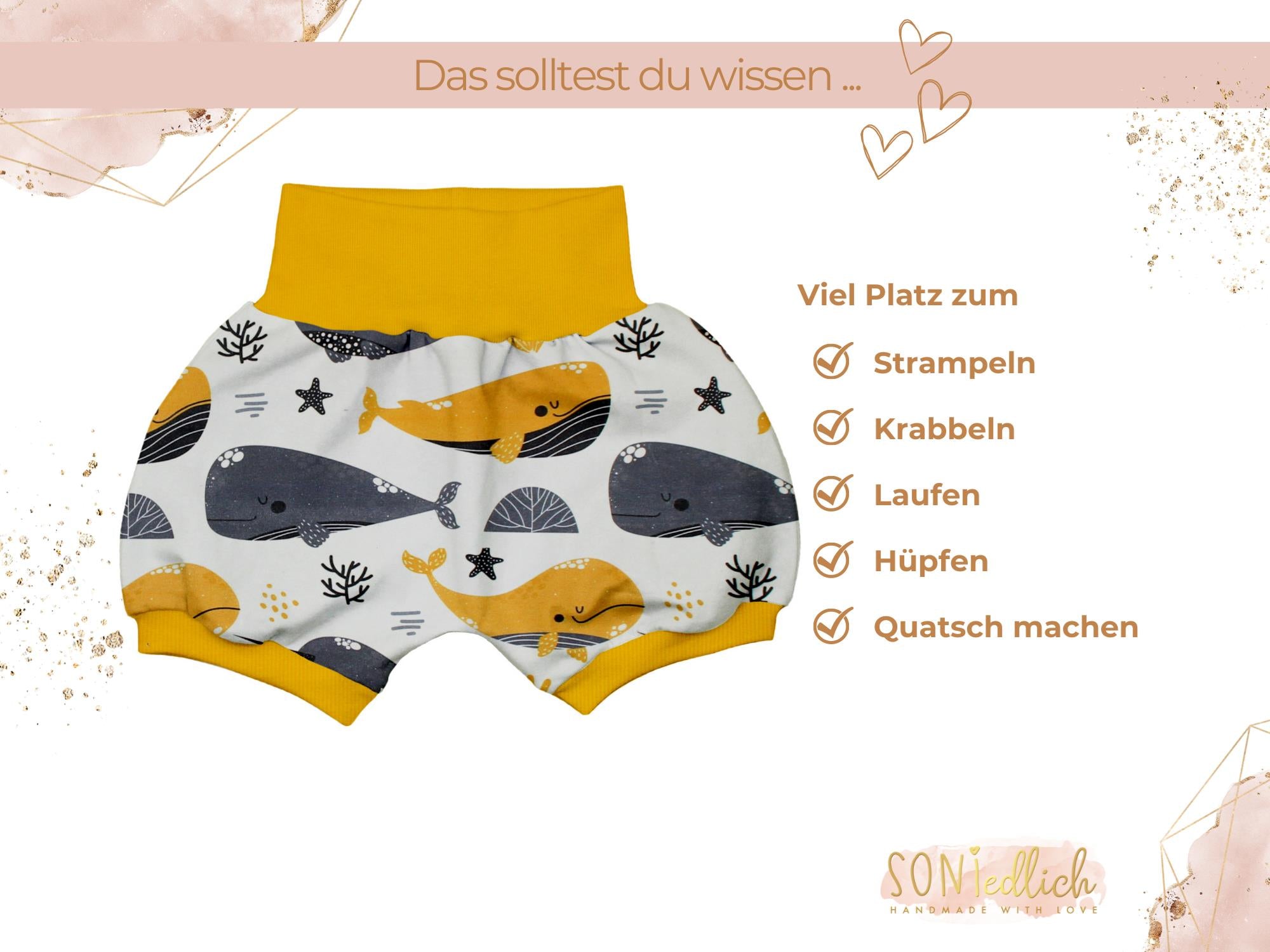 Kurze Pumphose für Babys und Kinder "Wale senf" Beschreibung 1
