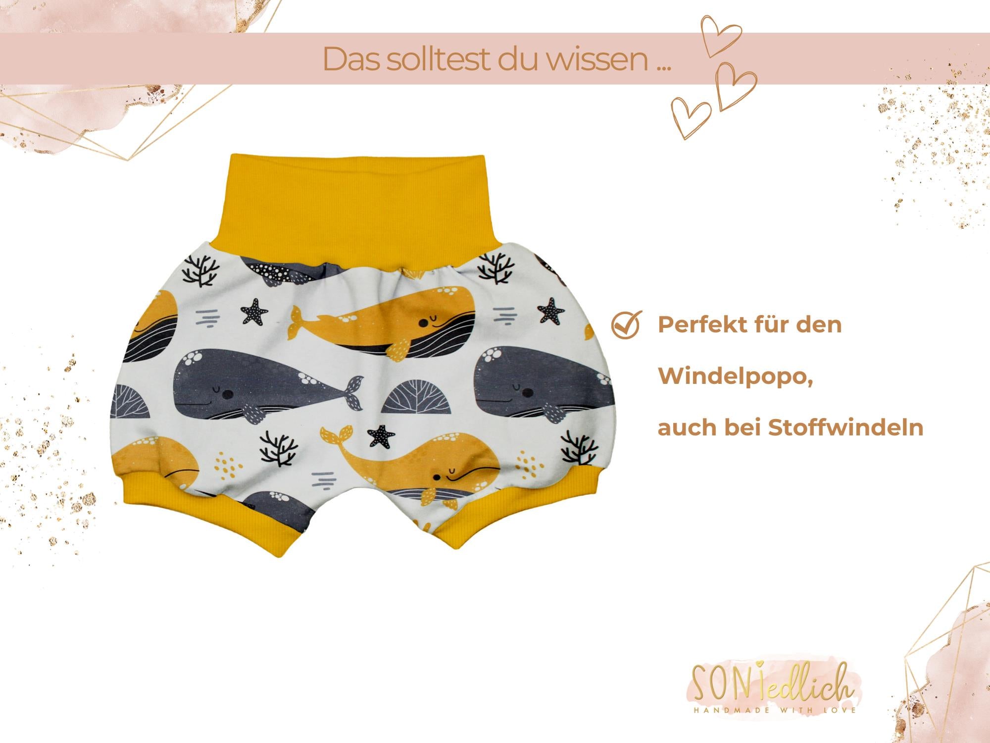 Kurze Pumphose für Babys und Kinder "Wale senf" Beschreibung 2