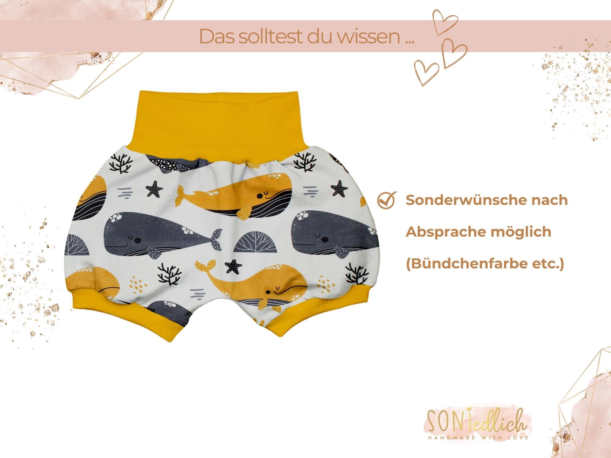 Kurze Pumphose für Babys und Kinder "Wale senf" Sonderwünsche