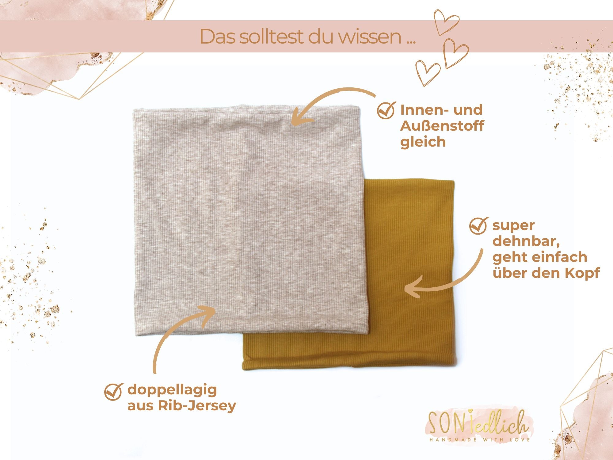 Loop Schal aus Rib-Jersey. Innen- und Außenstoff gleich, sehr dehnbar und doppellagig angefertigt.