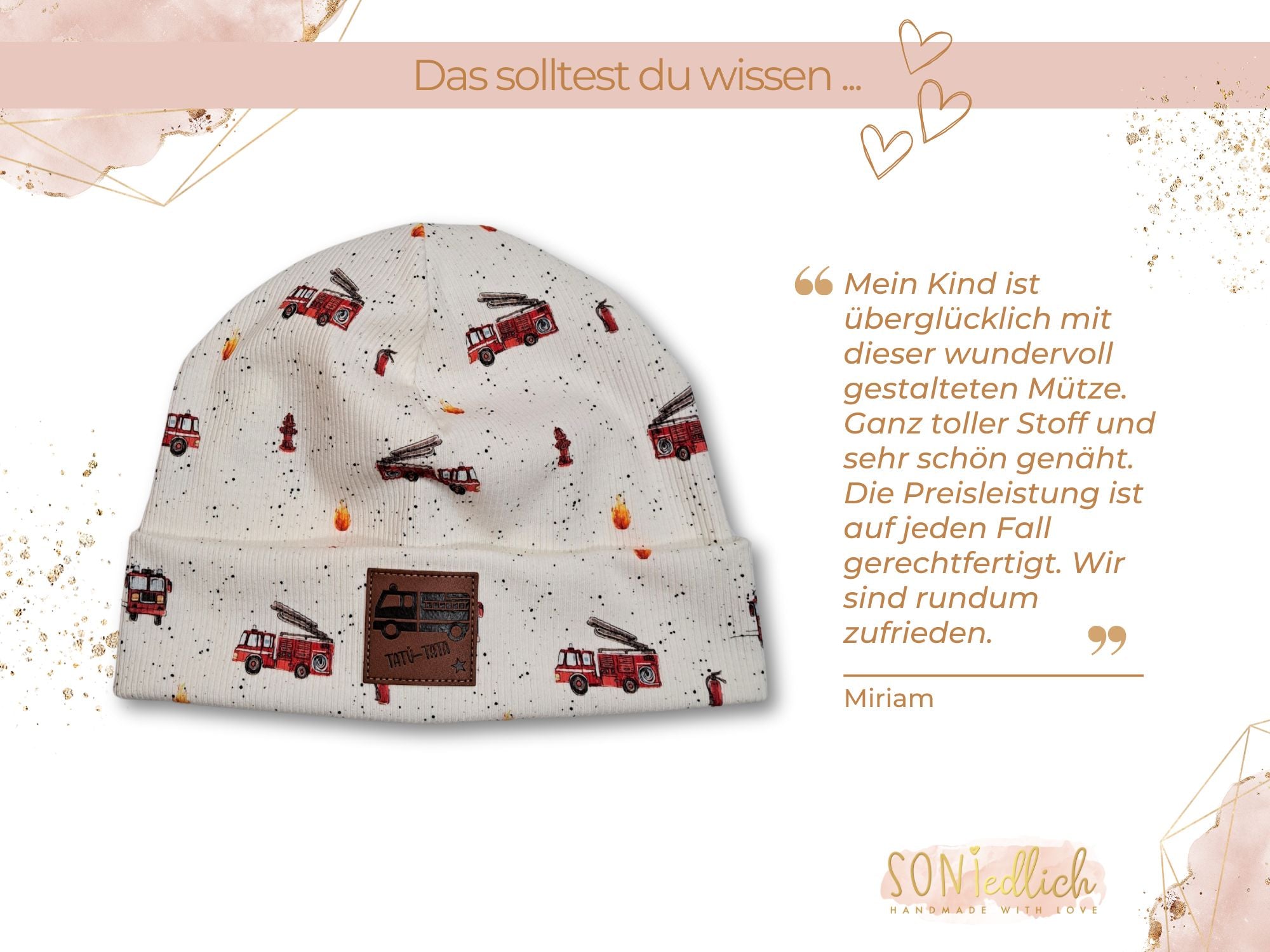 Mütze Feuerwehr aus weißem Rib-Jersey mit Feuerwehrfahrzeugen, Flammen und Hydranten in den Farben rot, weiß, gelb und orange. Bewertung.