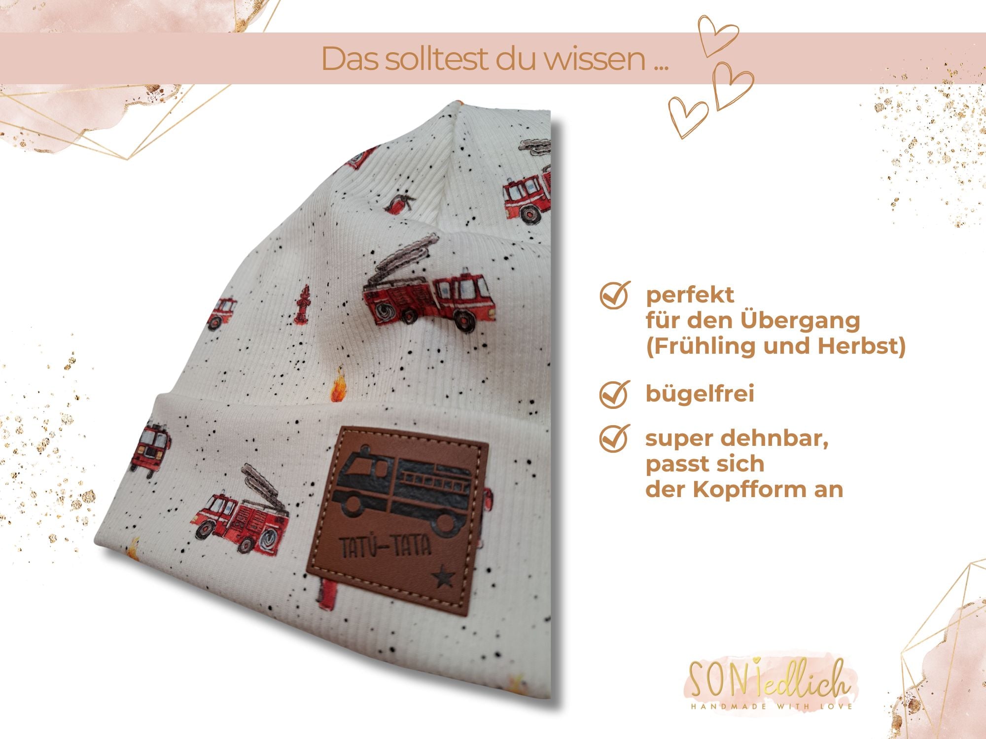 Mütze Feuerwehr aus weißem Rib-Jersey mit Feuerwehrfahrzeugen, Flammen und Hydranten in den Farben rot, weiß, gelb und orange. Perfekt für den Übergang im Frühling oder Herbst geeignet, bügelfrei und sehr dehnbar.