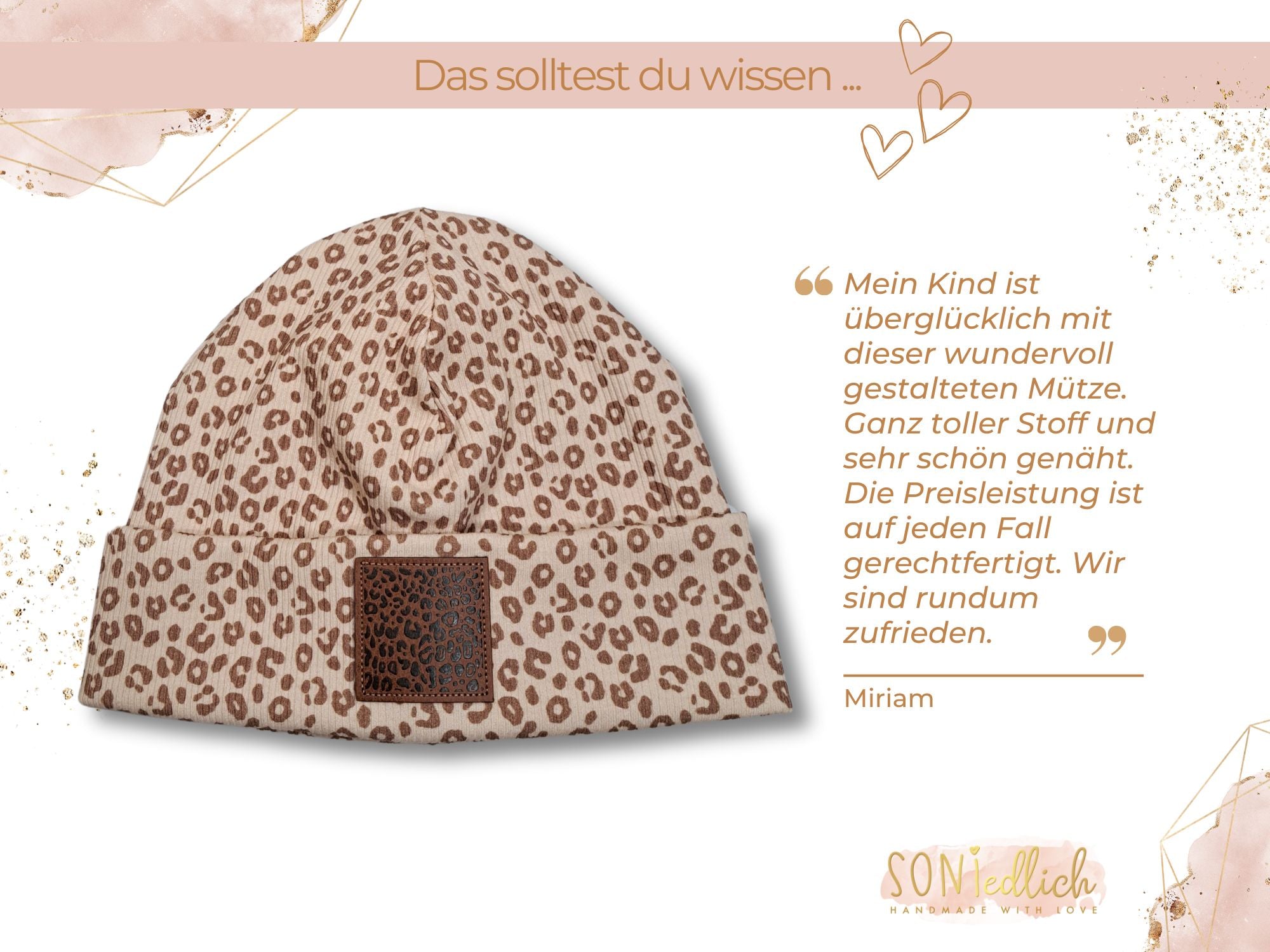 Mütze Leo aus beigem Rib-Jersey mit braunem Leo-Print. Bewertung.