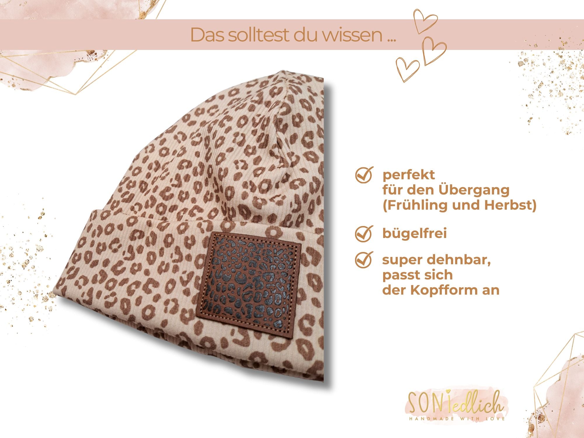 Mütze Leo aus beigem Rib-Jersey mit braunem Leo-Print. Perfekt für den Übergang im Frühling oder Herbst geeignet. Die Mütze ist dehnbar und bügelfrei.