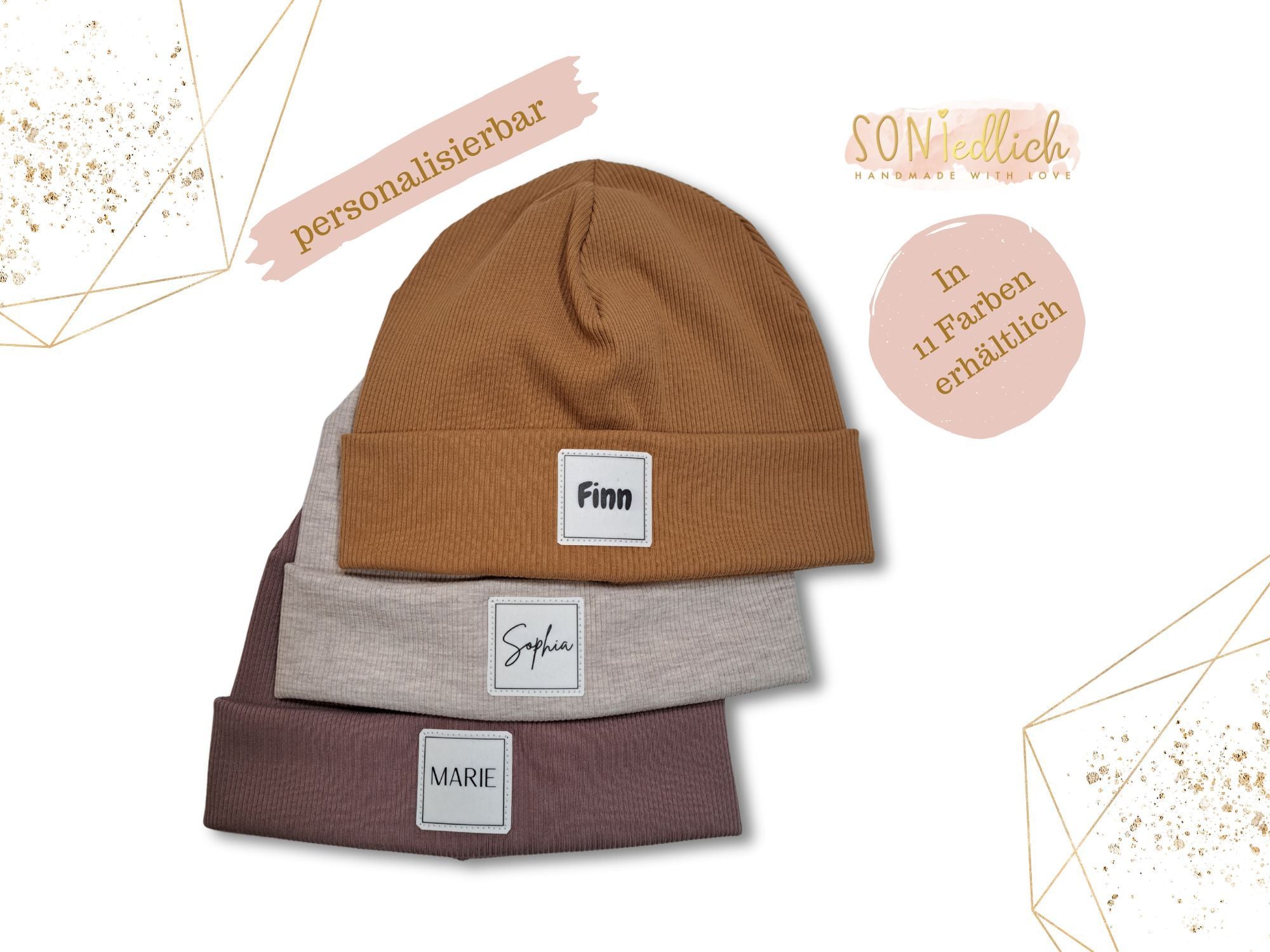 Personalisierte Mütze für Babys und Kinder aus Rib-Jersey. In 11 Farben erhältlich.