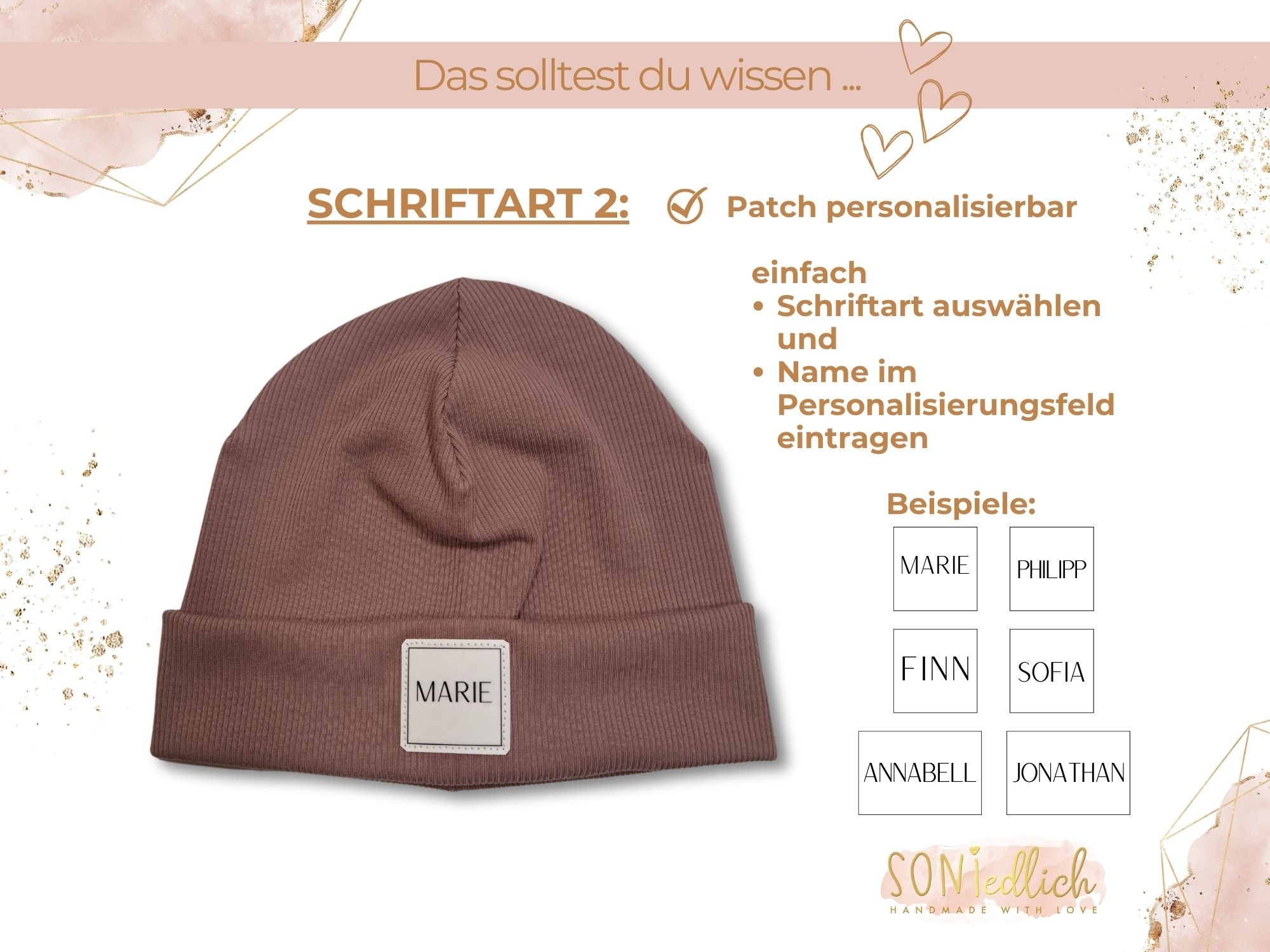 Personalisierte Mütze für Babys und Kinder aus Rib-Jersey. Darstellung der 2. Schriftart.