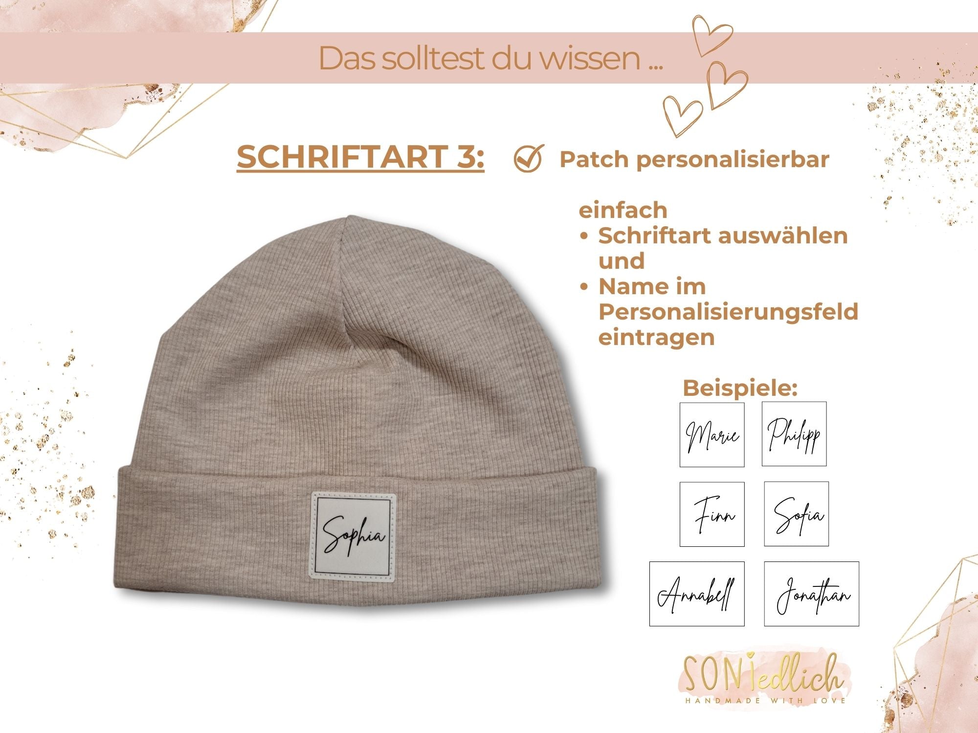 Personalisierte Mütze für Babys und Kinder aus Rib-Jersey. Darstellung der 3. Schriftart.