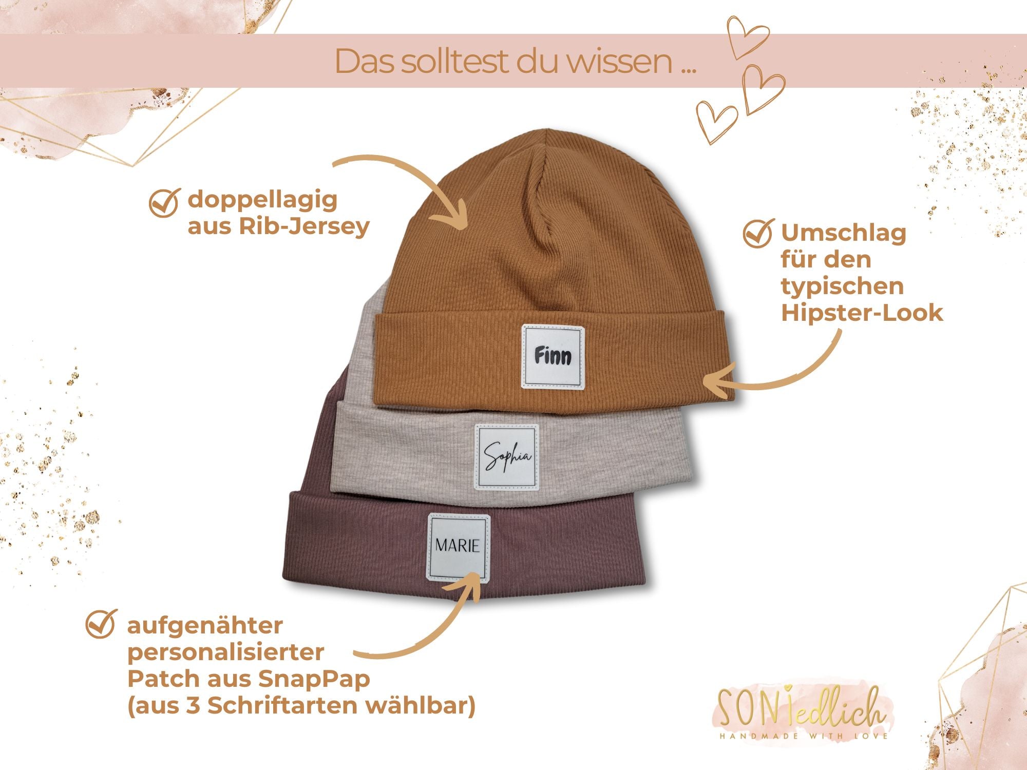 Personalisierte Mütze für Babys und Kinder aus Rib-Jersey. Doppellagig aus angefertigt mit dem typischen Hipster-Umschlag. Beim Patch kann aus 3 verschiedenen Schriftarten ausgewählt werden.
