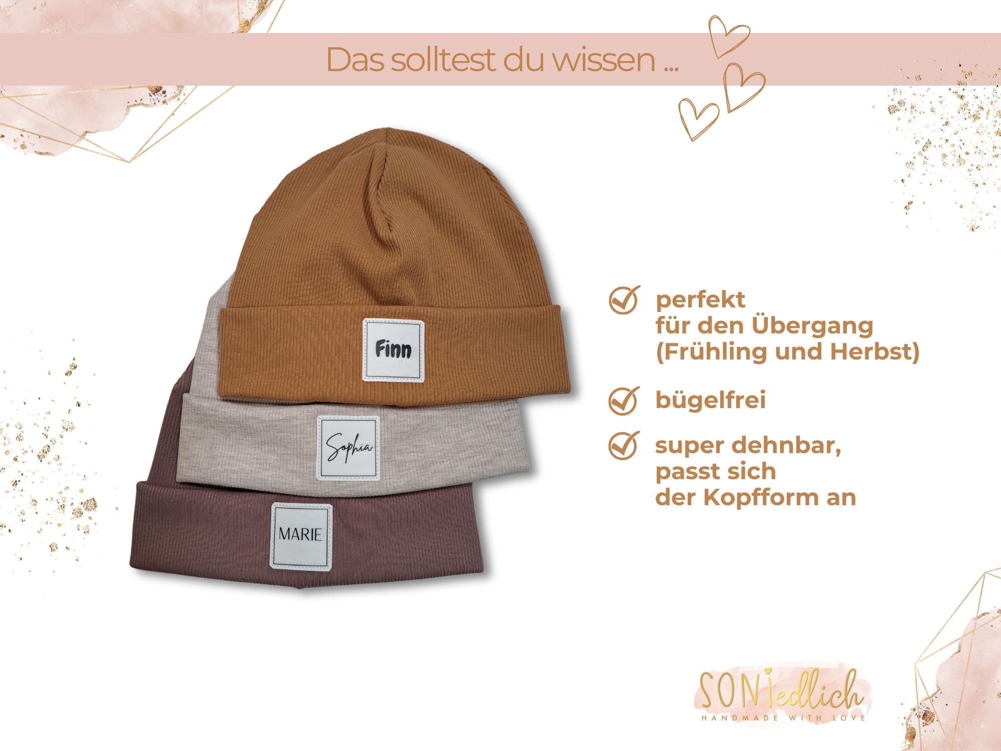 Personalisierte Mütze für Babys und Kinder aus Rib-Jersey. Perfekt für den Übergang (Frühling und Herbst) geeignet, bügelfrei und sehr dehnbar.