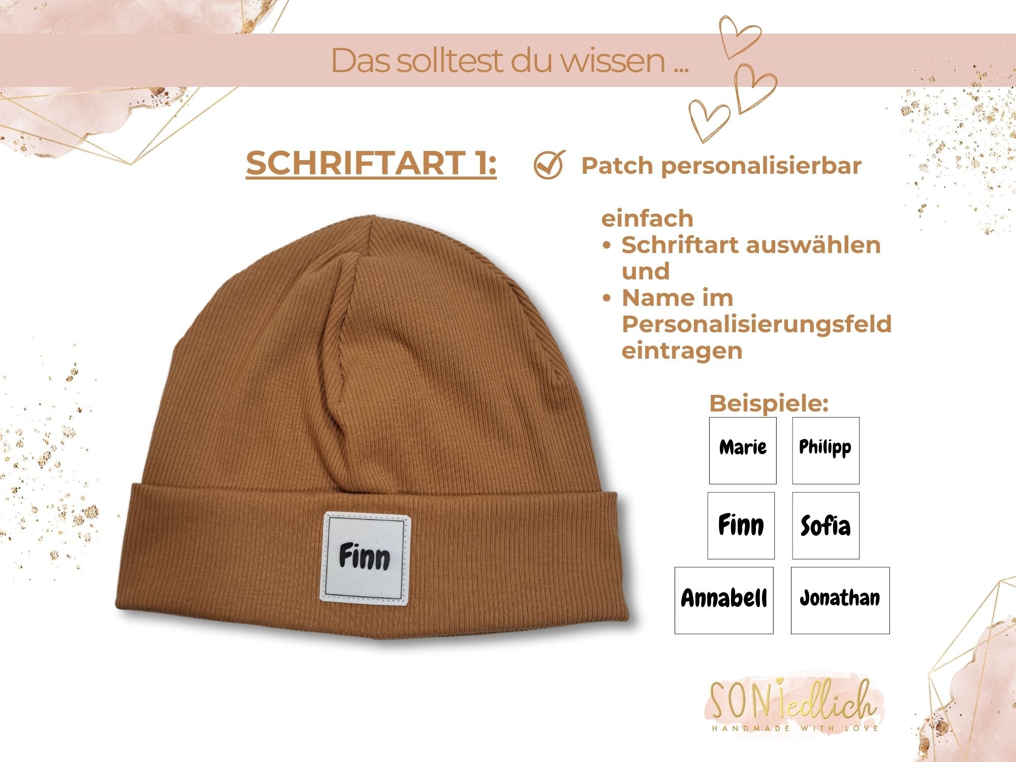 Personalisierte Mütze für Babys und Kinder aus Rib-Jersey. Darstellung der 1. Schriftart.