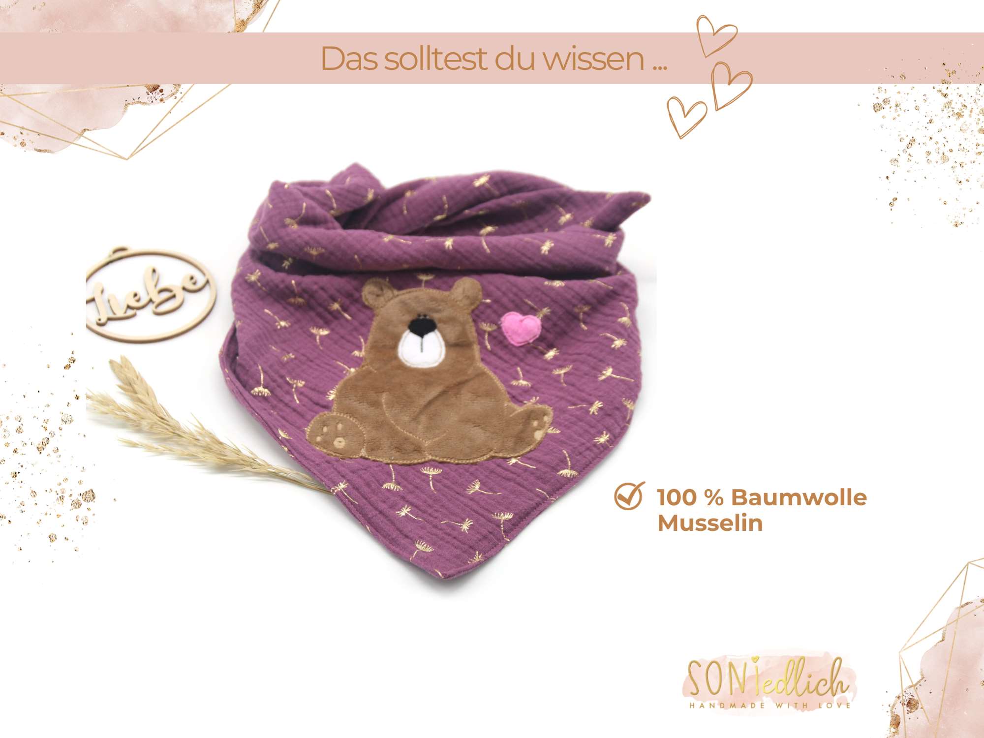 Musselintuch für Kinder bestickt „Bär“ Beschreibung