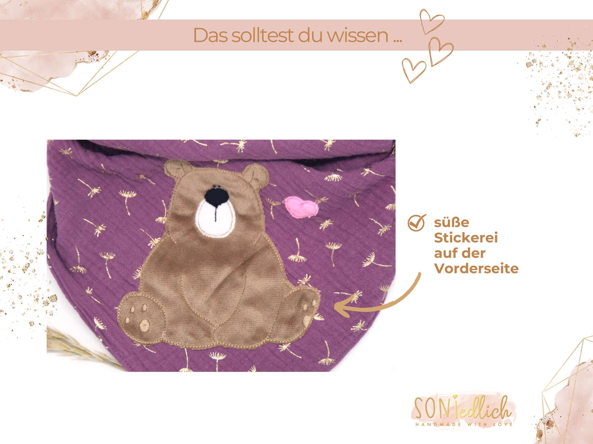 Musselintuch für Kinder bestickt „Bär“ Details