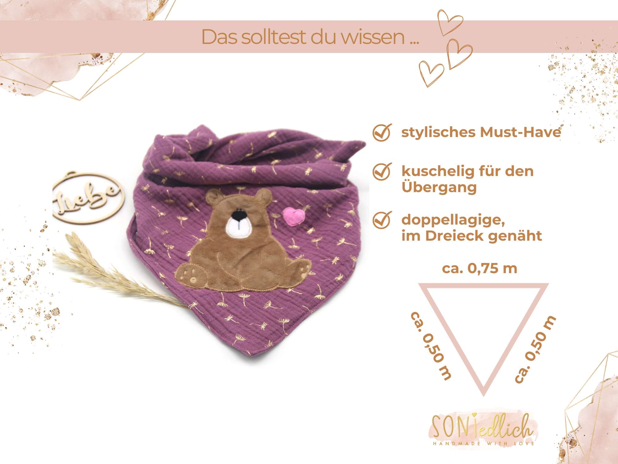 Musselintuch für Kinder bestickt „Bär“ Maße