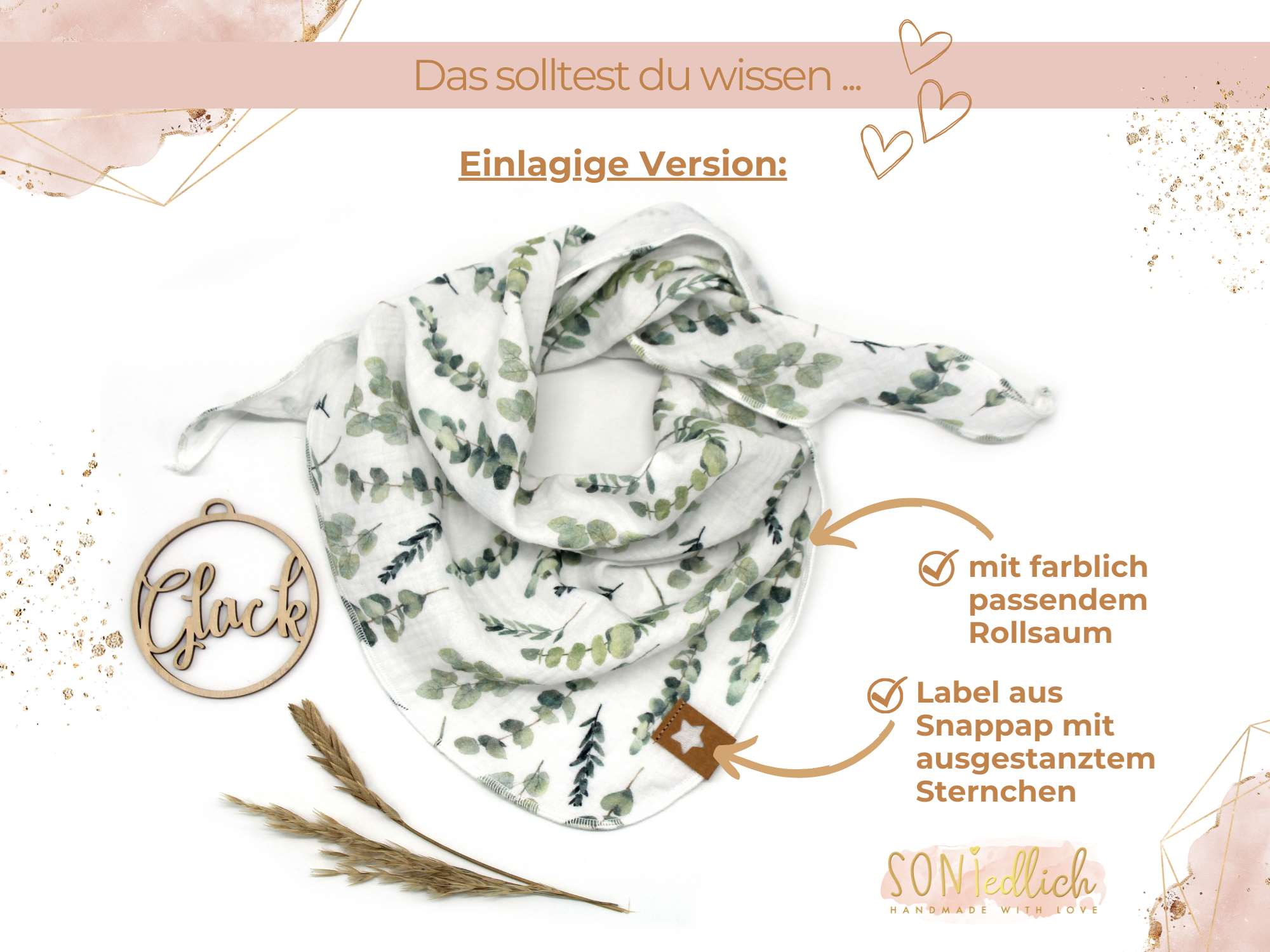 Musselintuch für Kinder "Eukalyptus" Details einlagige Version