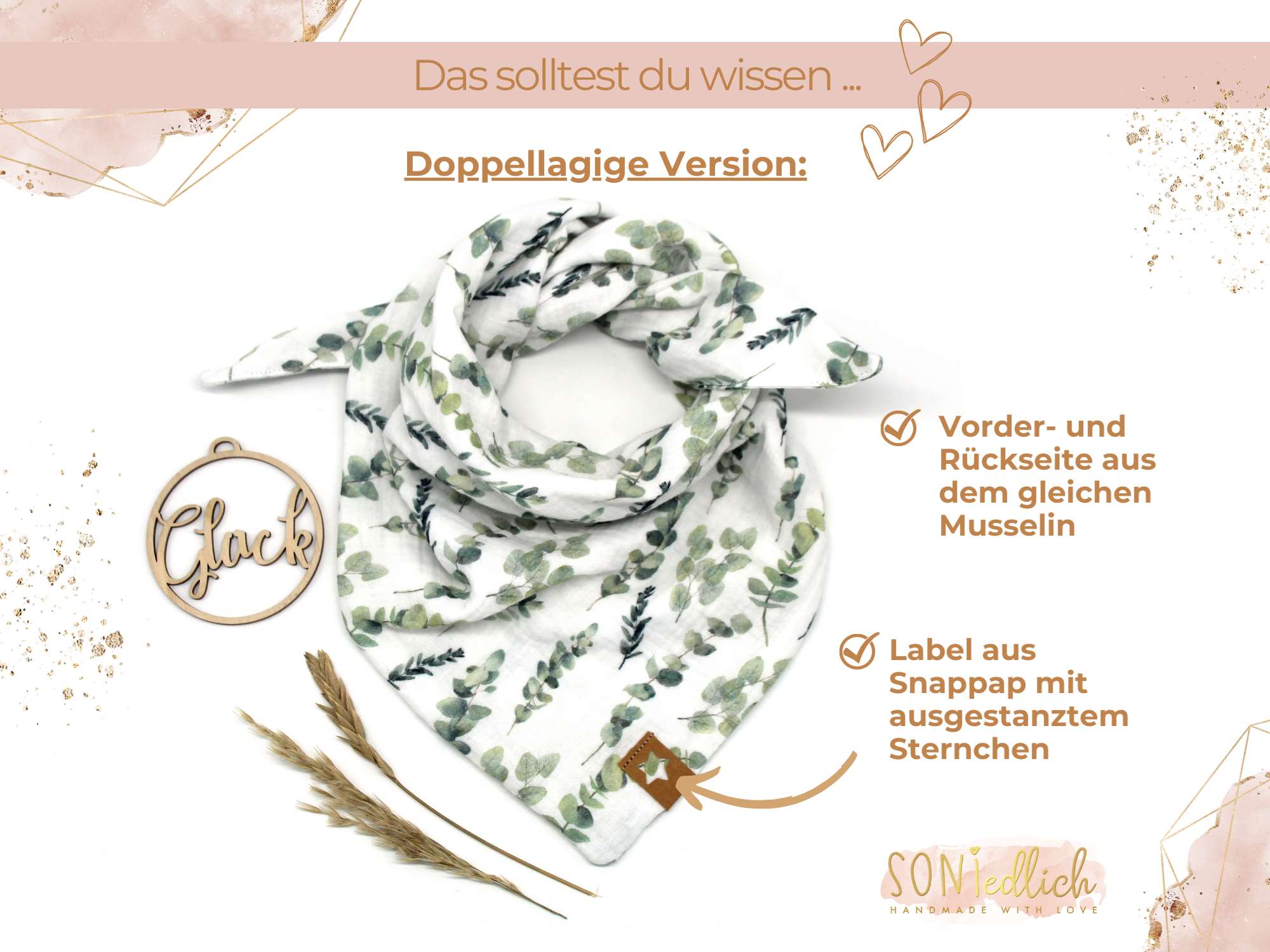 Musselintuch für Kinder "Eukalyptus" Details doppellagige Version
