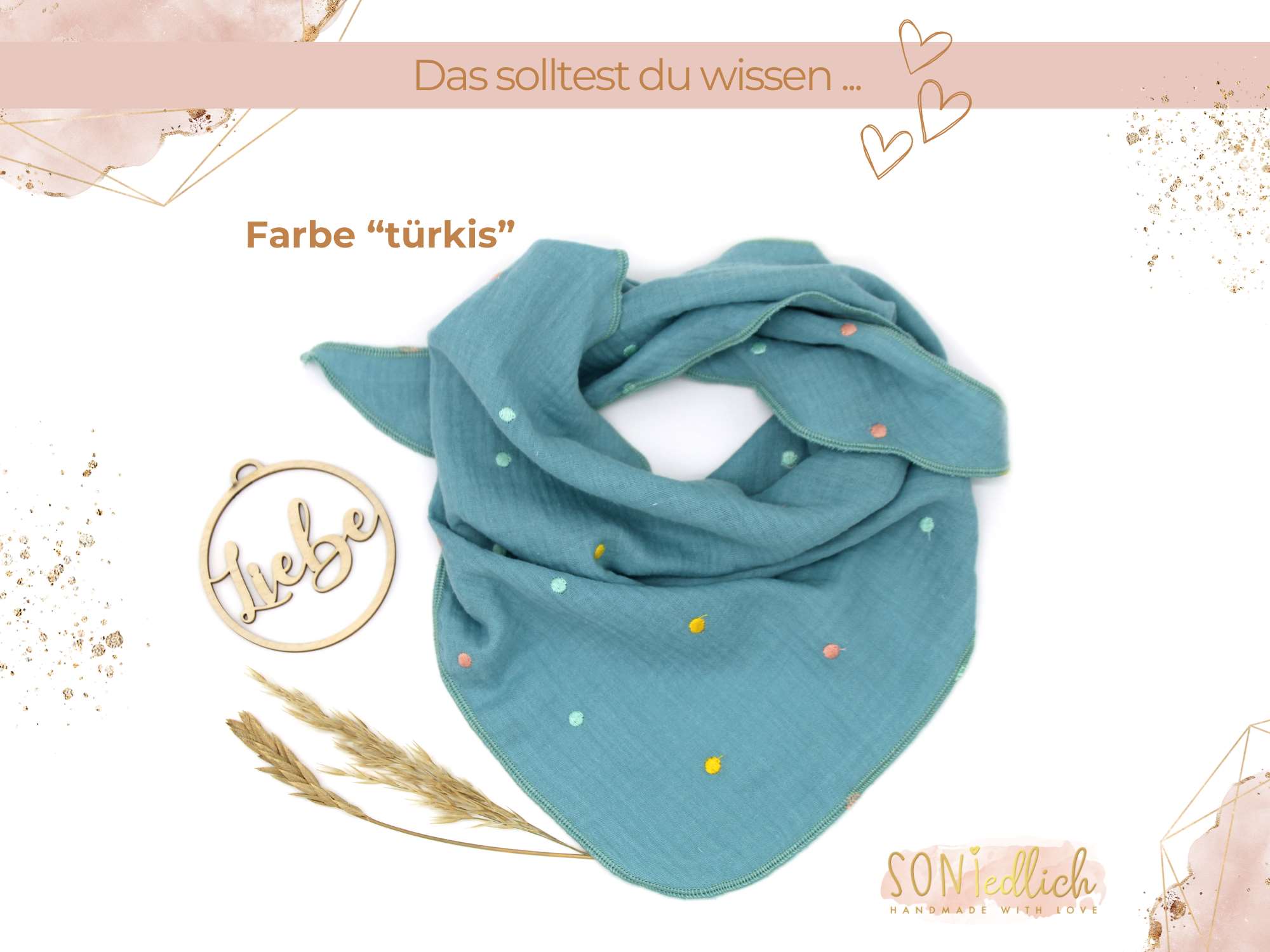 Musselintuch für Kinder "gestickte Punkte" Farbe türkis