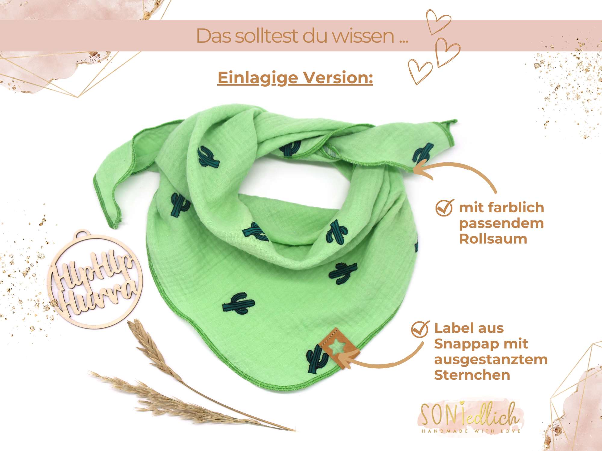 Musselintuch für Kinder "Kaktus" Details einlagige Version