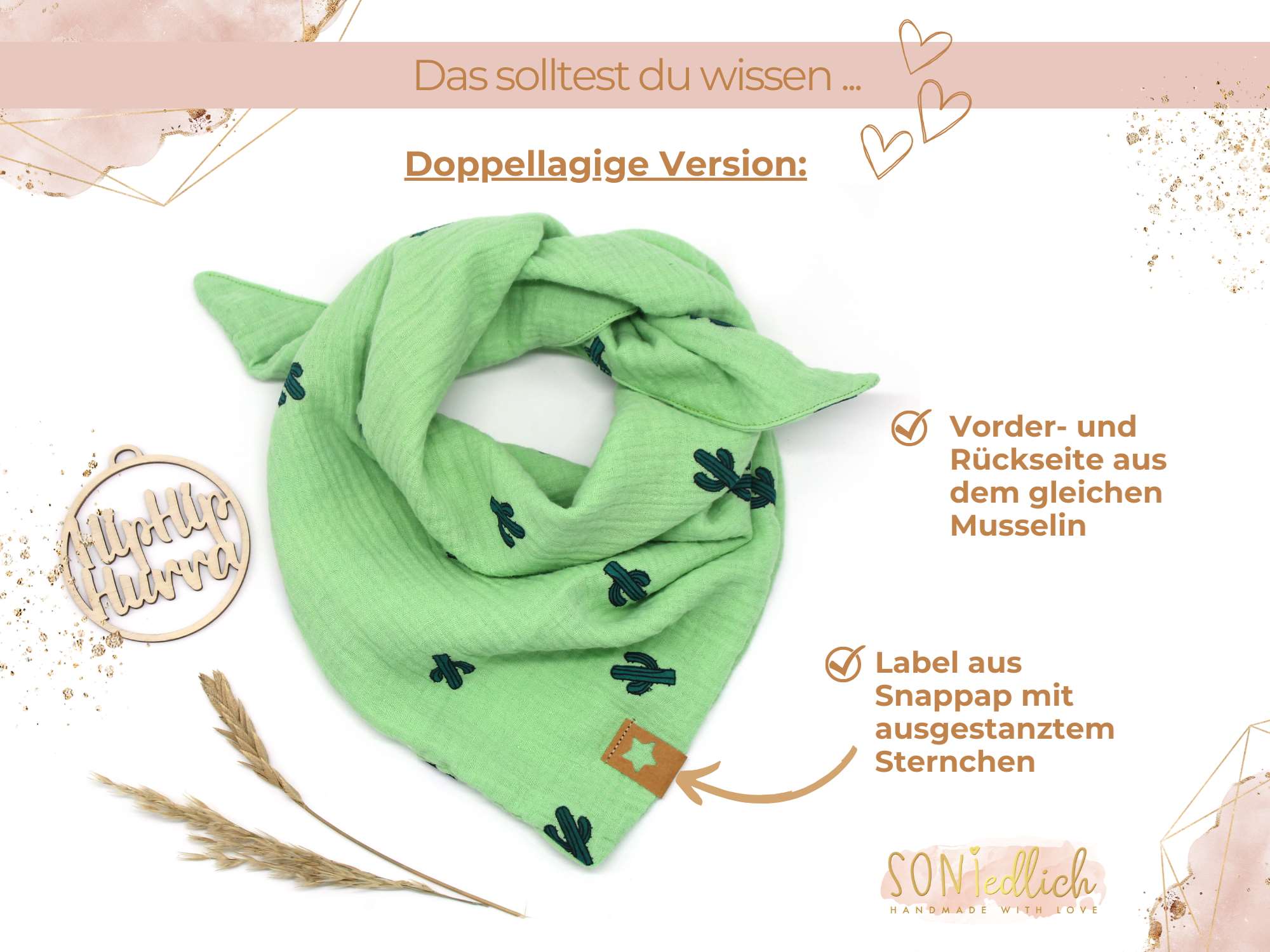 Musselintuch für Kinder "Kaktus" Details doppellagige Version
