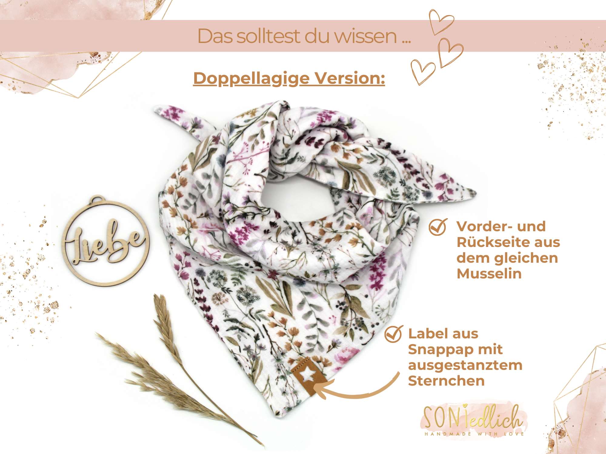 Musselintuch für Kinder "natural-leaves" Details doppellagige Version