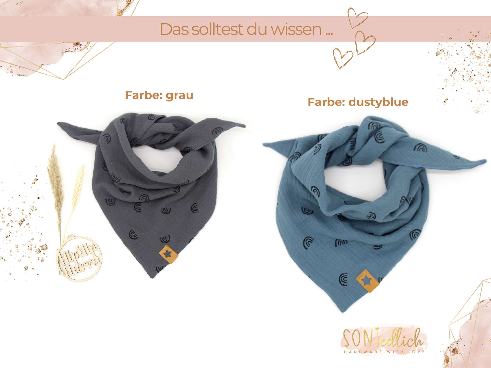 Musselintuch für Kinder "Regenbogen doppellagig" Farben grau und dustyblue