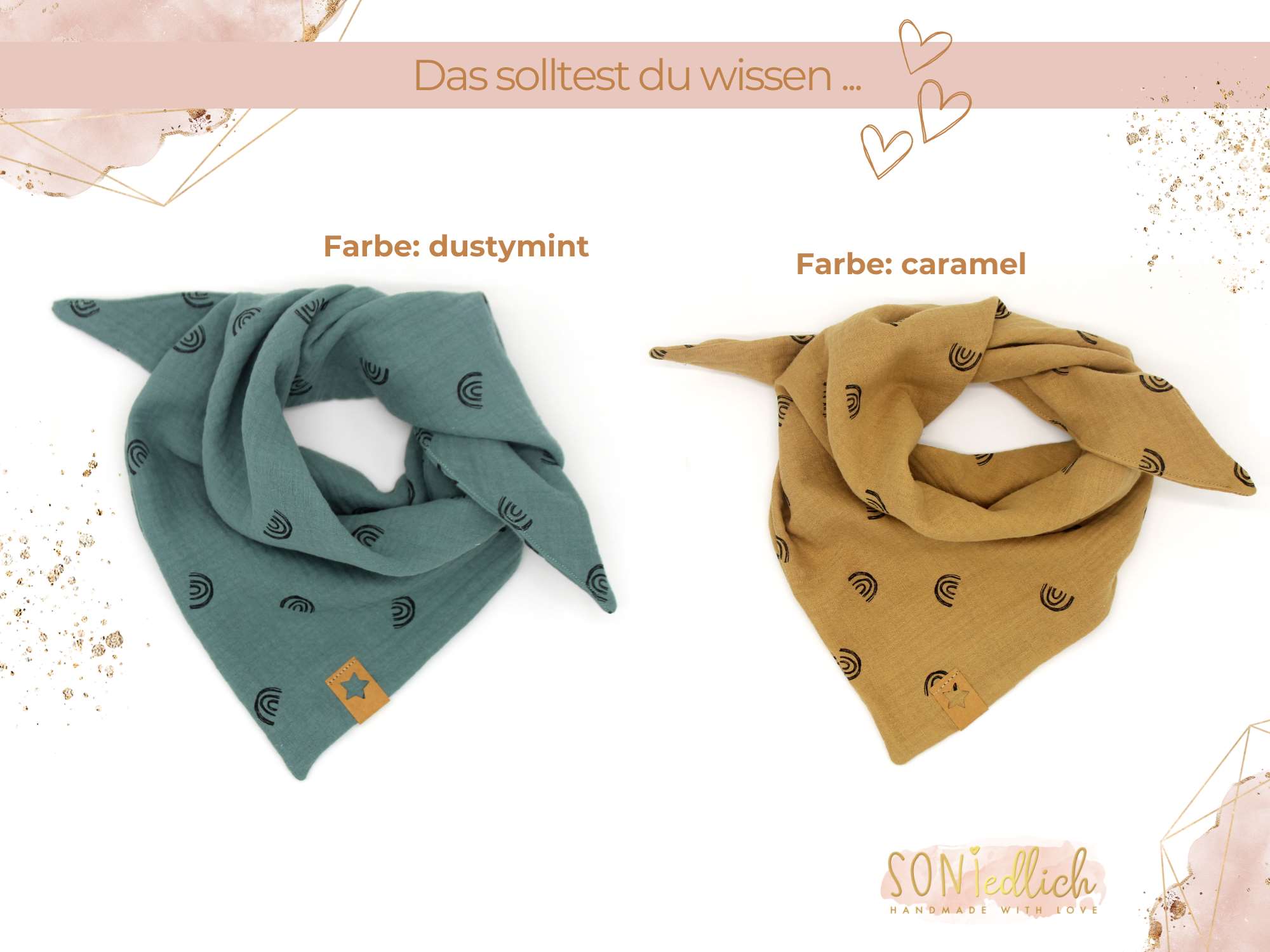 Musselintuch für Kinder "Regenbogen doppellagig" Farben dustymint und caramel