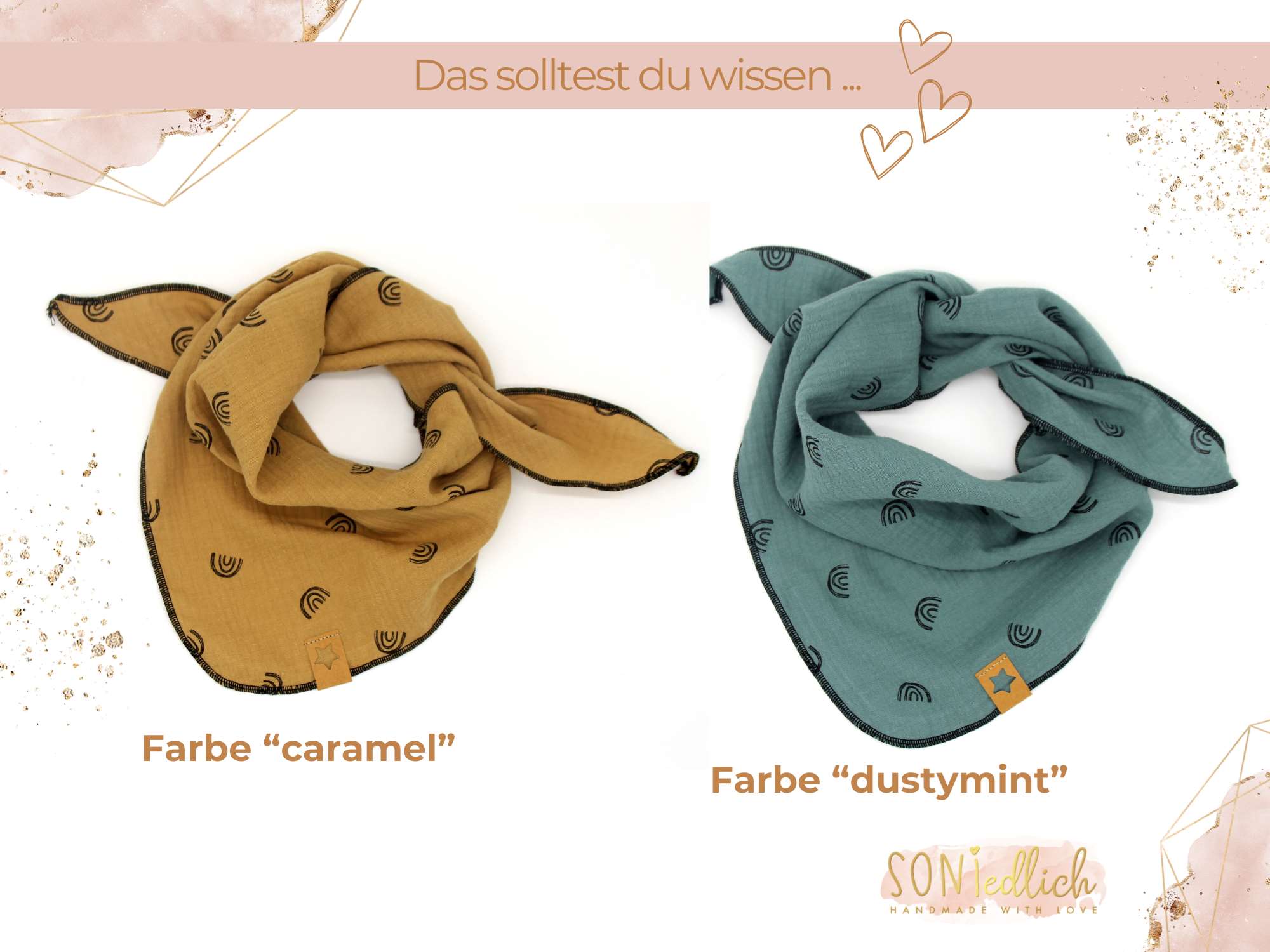 Musselintuch für Kinder "Regenbogen einlagig" Farben caramel und dustymint