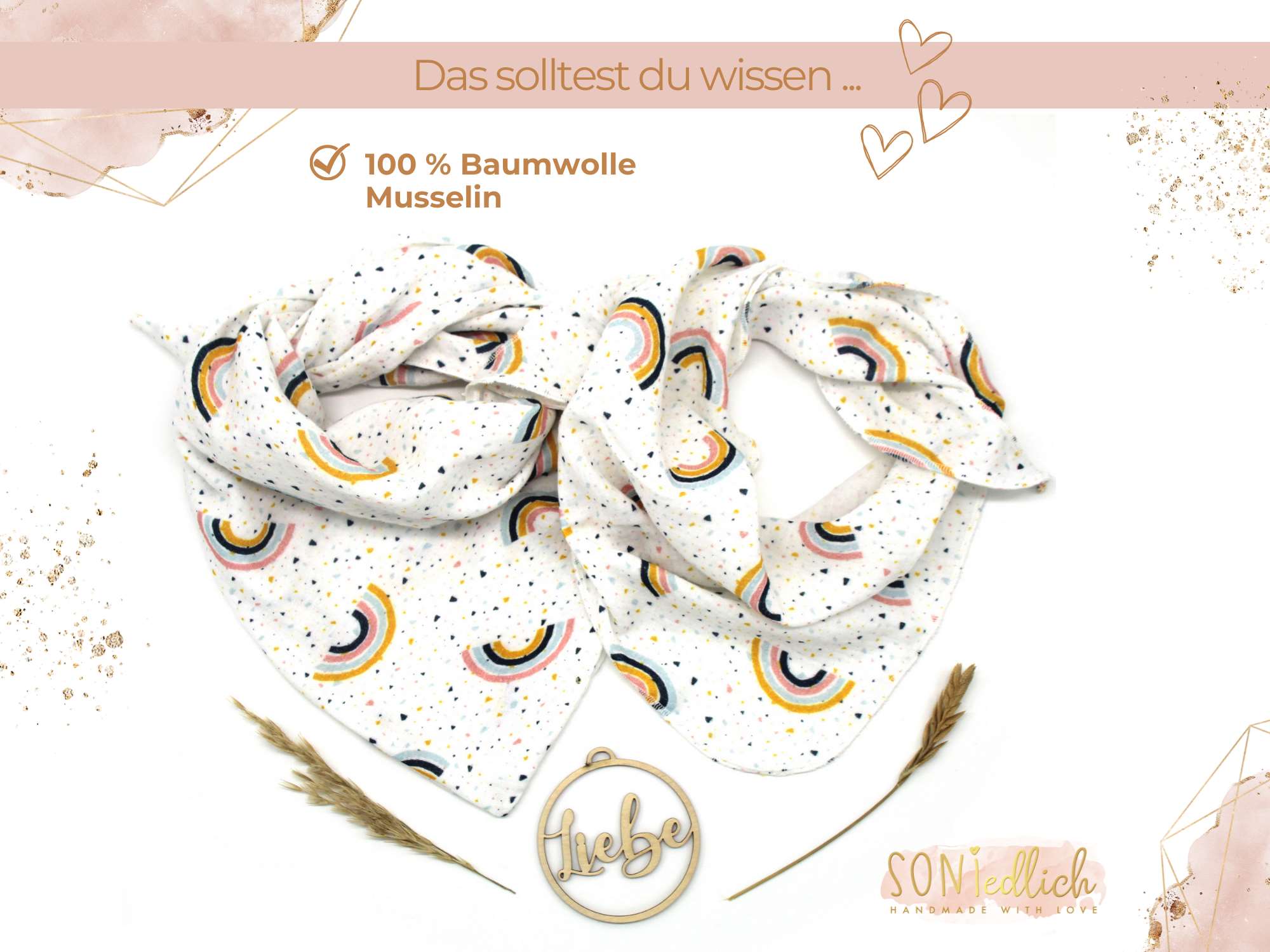 Musselintuch für Kinder "Regenbogen, weiß" Beschreibung