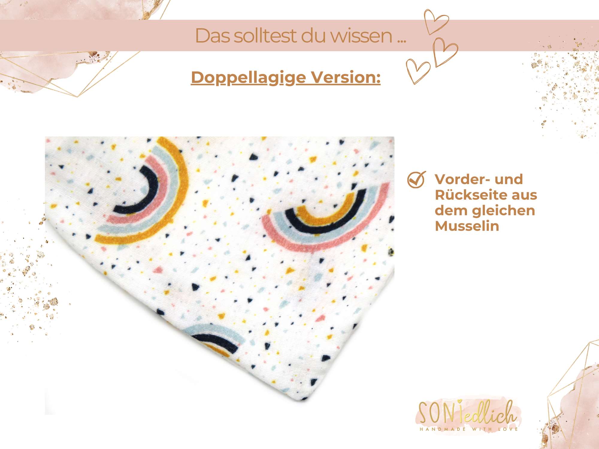 Musselintuch für Kinder "Regenbogen, weiß" Details einlagige Version