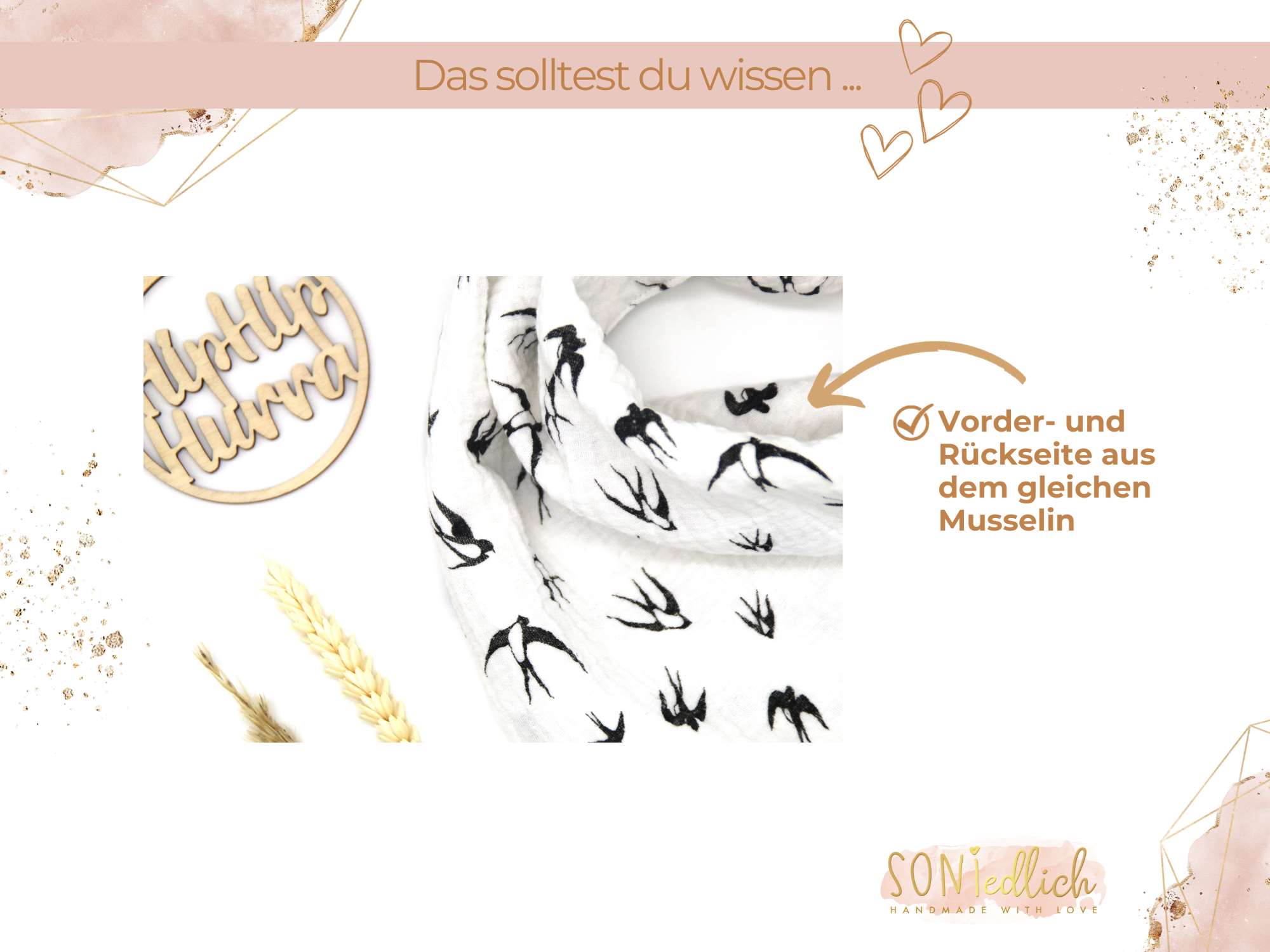 Musselintuch für Kinder "Schwalben, weiß" Beschreibung