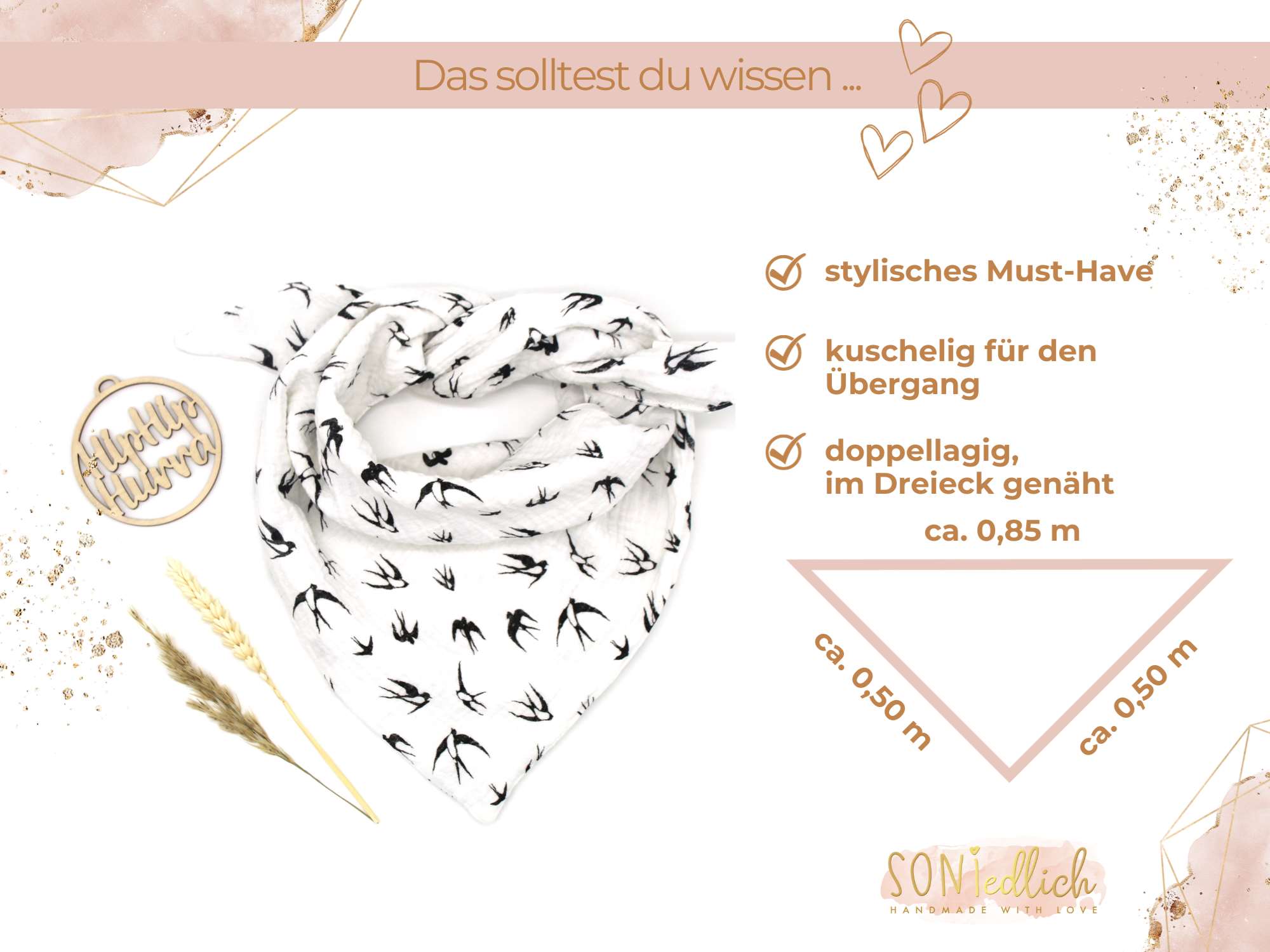 Musselintuch für Kinder "Schwalben, weiß" Maße