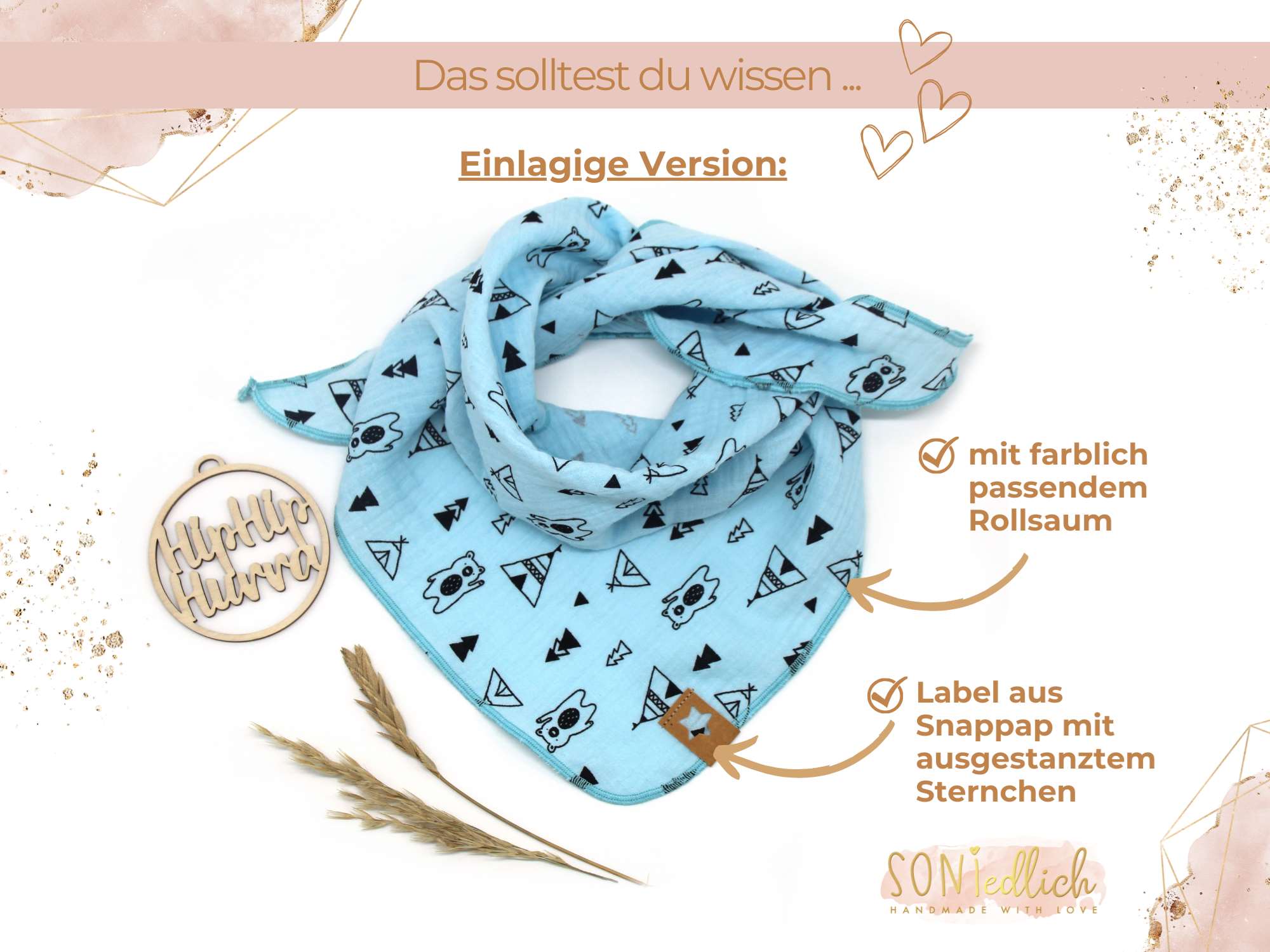 Musselintuch für Kinder "Tipi-Bär" Details einlagige Version