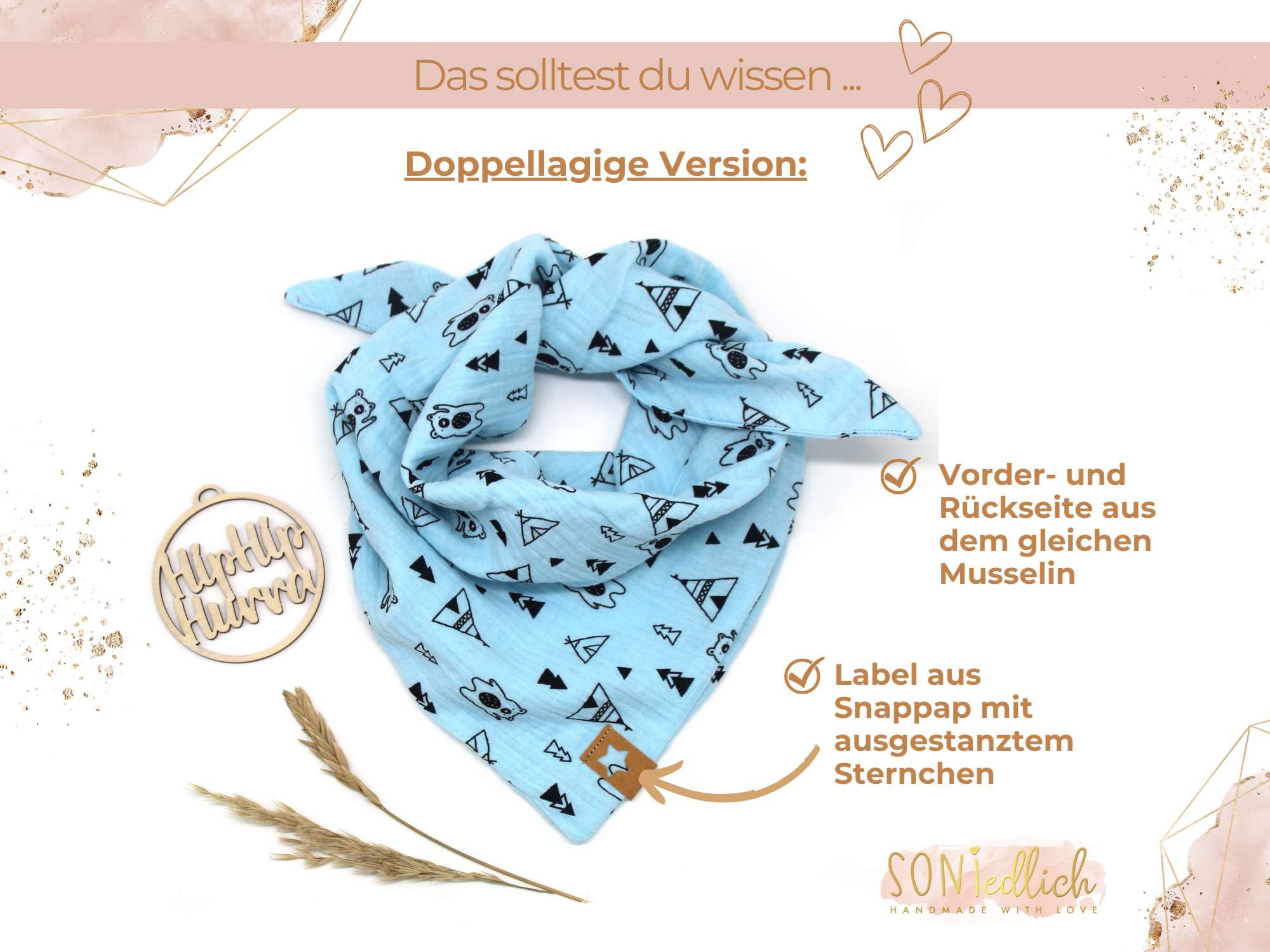 Musselintuch für Kinder "Tipi-Bär" Details doppellagige Version