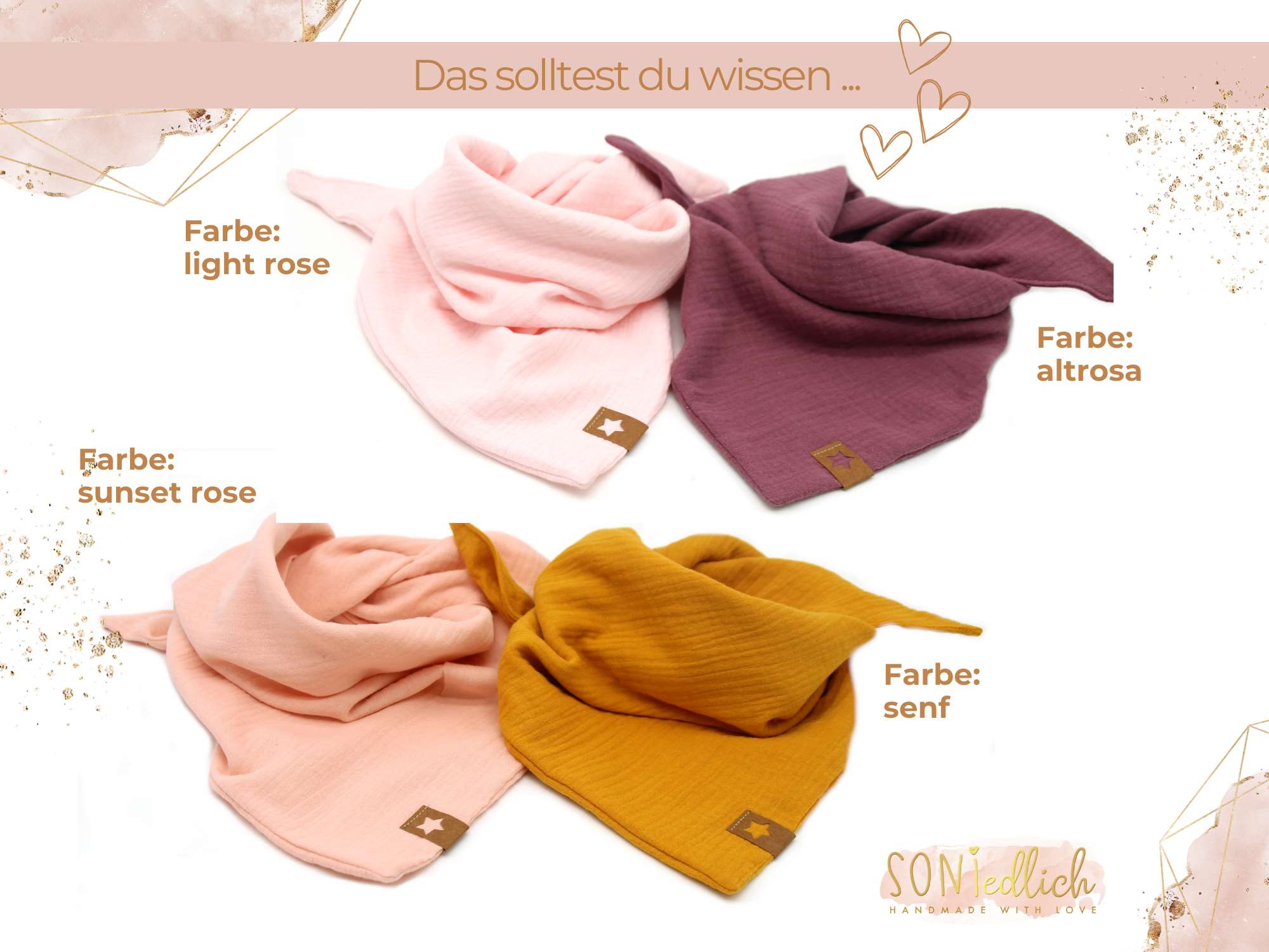 Musselintuch für Kinder „uni, doppellagig“ Farben light rose, altrosa, sunset rose, senf