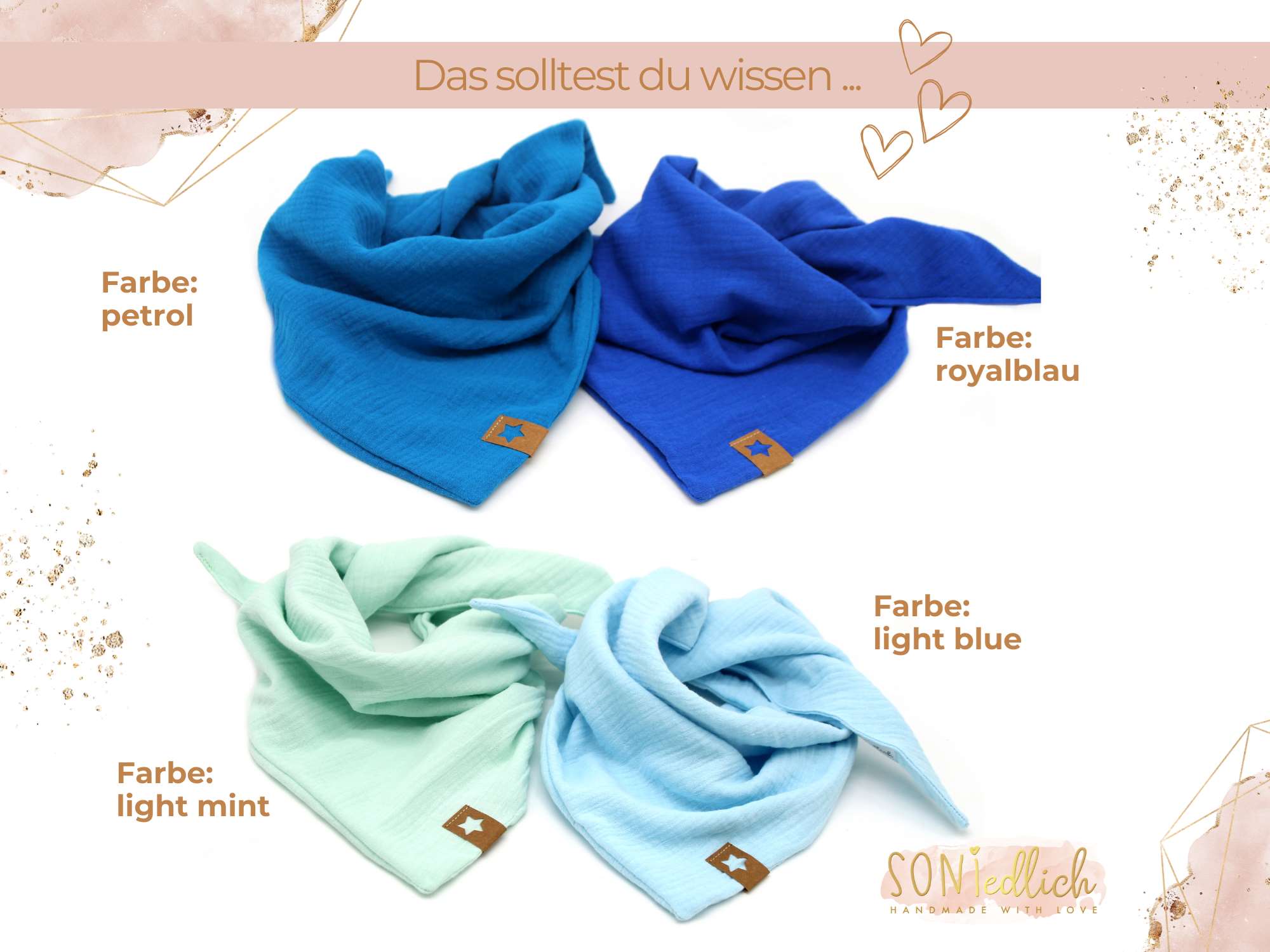 Musselintuch für Kinder „uni, doppellagig“ Farben petrol, royalblau, light mint, light blue