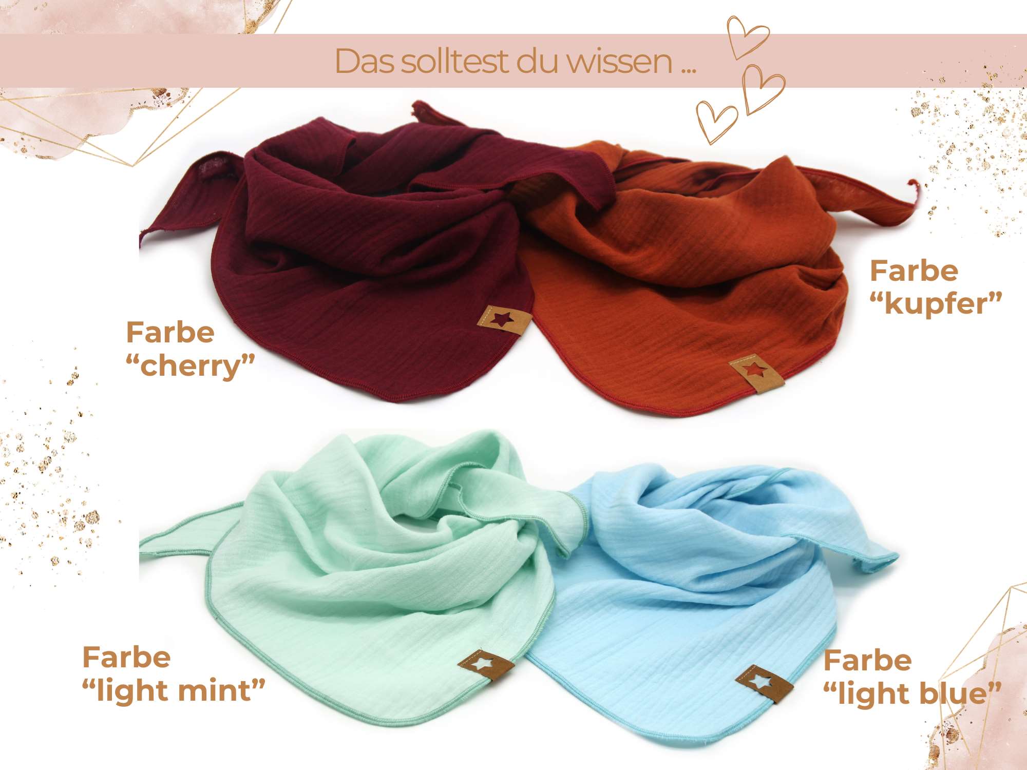 Musselintuch für Kinder „uni, einlagig“ Farben cherry, kupfer, light mint, light blue