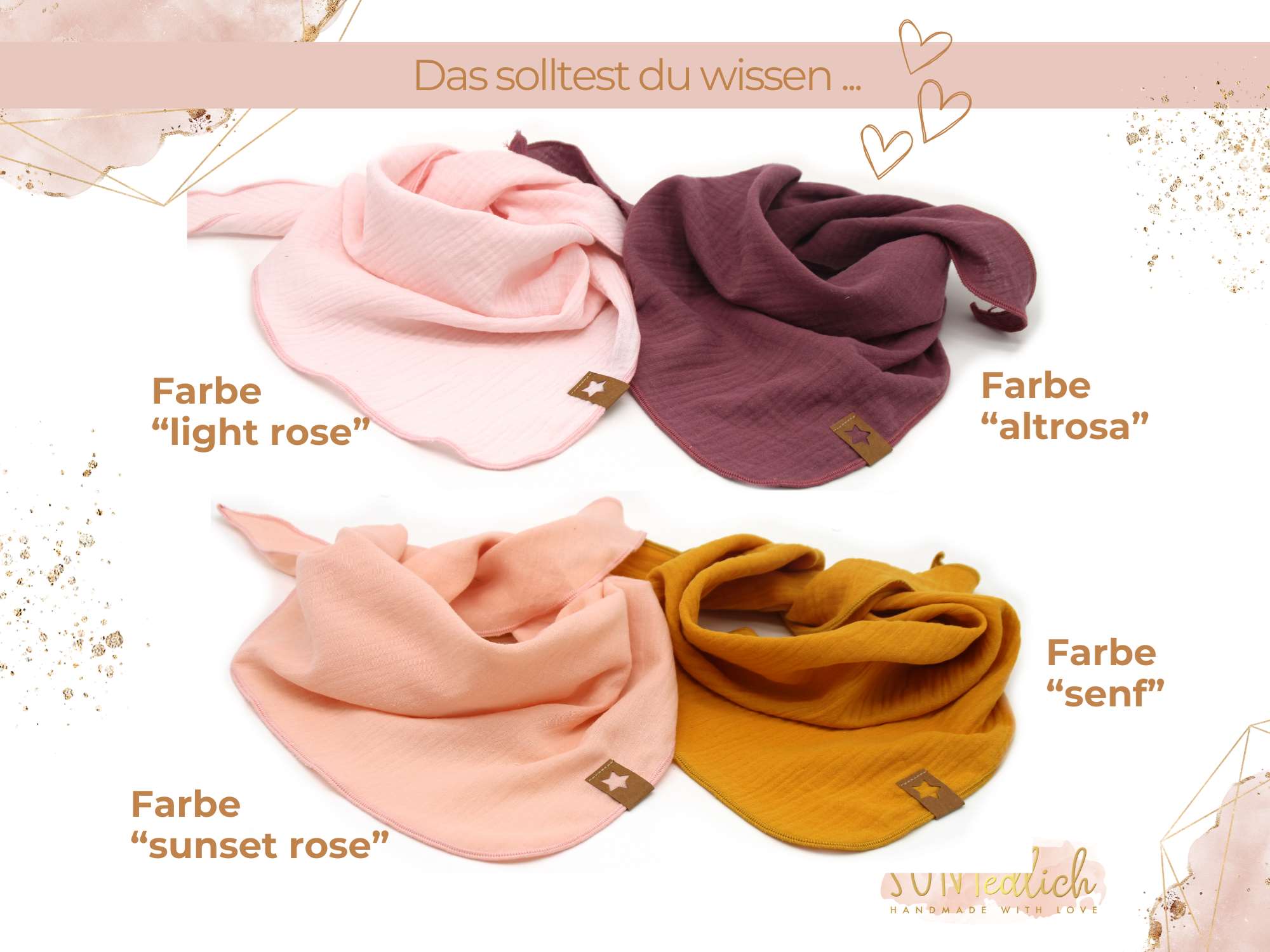 Musselintuch für Kinder „uni, einlagig“ Farben light rose, altrosa, sunset rose, senf